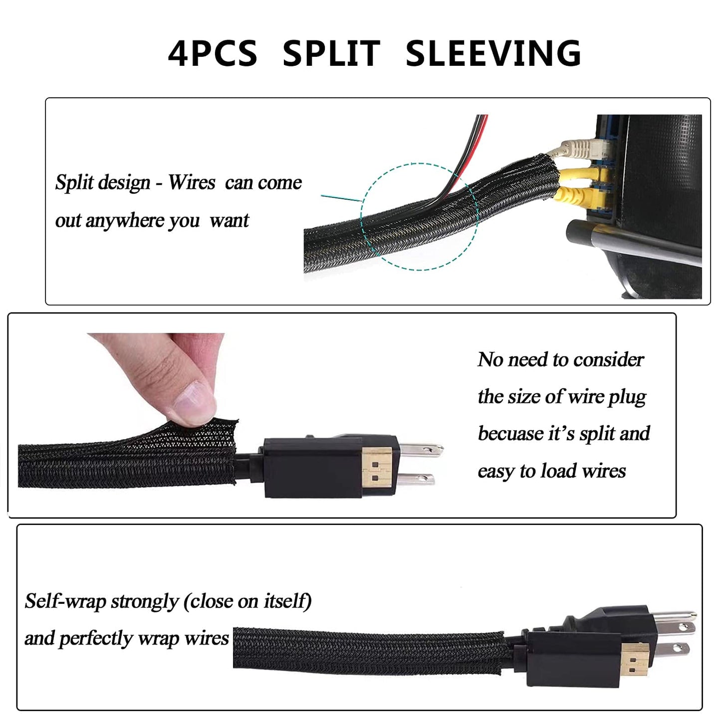 Cord Management Organizer Kit 4 Cable Sleeve split with 41Self Adhesive Cable Clips Holder, 10pcs and 2 Roll Self Adhesive tie and 100 Fastening Cable Ties for TV Office Car Desk Home