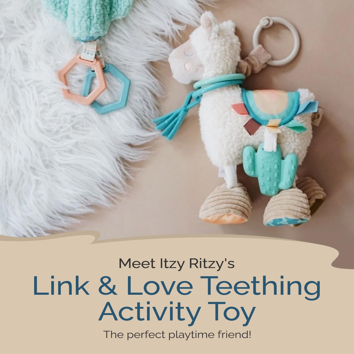 Itzy Ritzy Link & Love Toy for Stroller or Car Seat – Features Textured Ribbons, Crinkle Sounds, Clinking Rings & Silicone Teether – Designed For Ages 0 Months and Up (Llama)