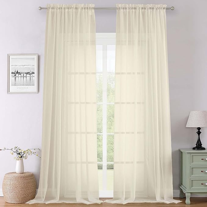 Lecloud Cream Sheer Curtains 120 Inches Long 2 Pcs, Rod Pockets Voile Living Room Curtains for Bedroom Decor, Light Filtering Farmhouse Drapes for Dining Room Windows, Each Panel 59" W x 120" L