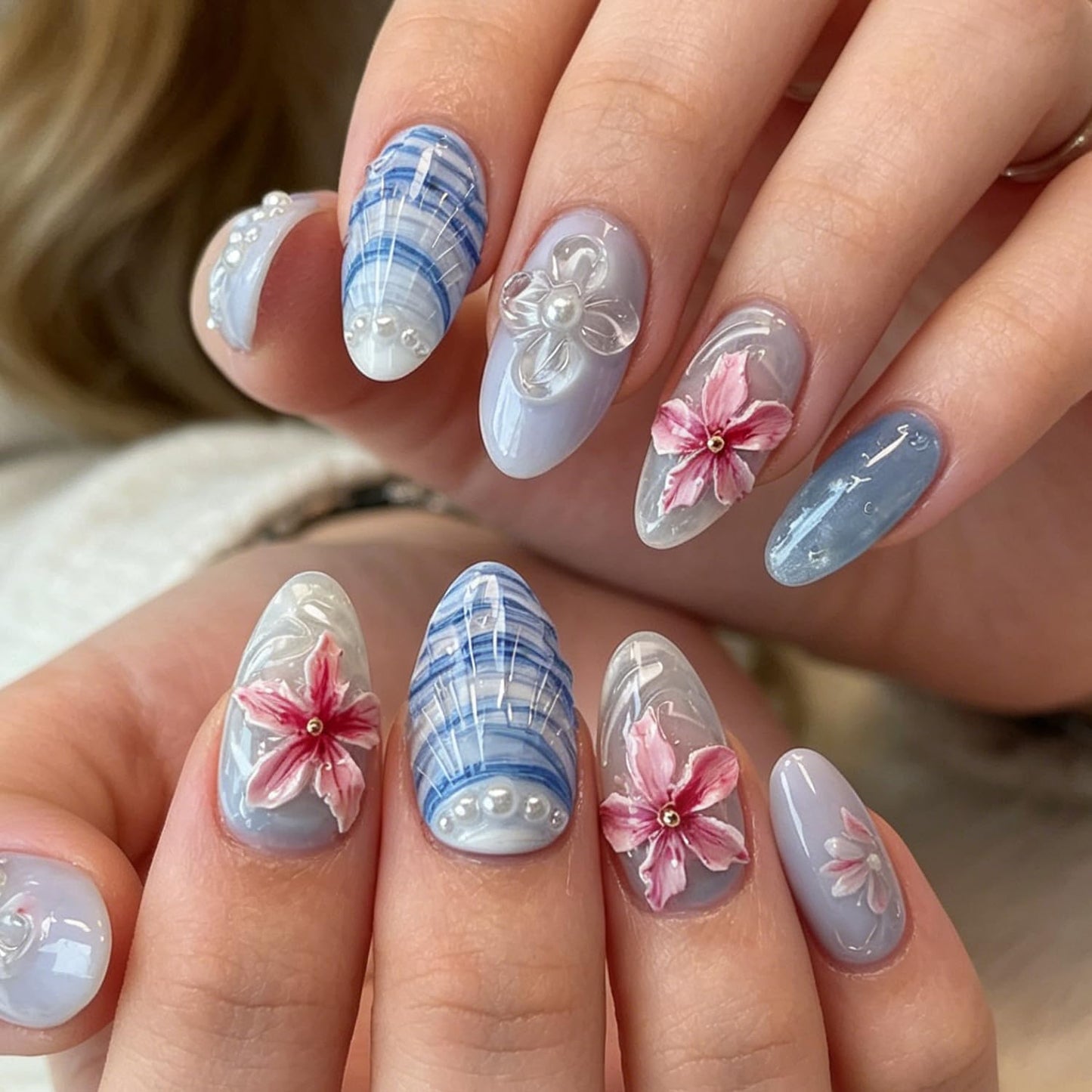 Blue Ocean Press on Nails, Medium Almond Handmade 3D Seashell Fake Nails with Pearl & Flower Designs, Reusable False Nails with Glue Tabs Stick on Nails for Summer Beach 30Pcs Nail Kit