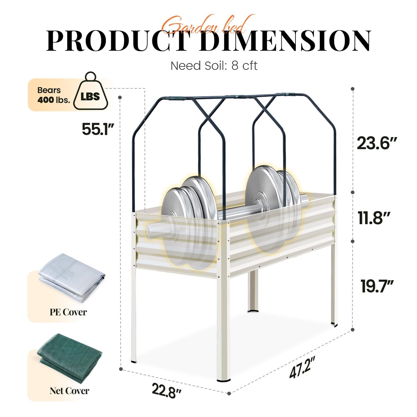 KING BIRD Raised Garden Bed with Cover & Netting Galvanized Elevated Large Planter Box with Legs for Backyard, Patio, Balcony, 400lb Capacity, Beige, 48×24×56 in
