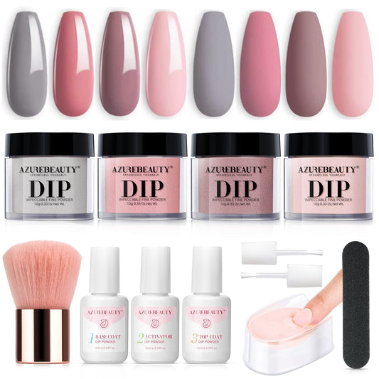 AZUREBEAUTY Dip Powder Nail Kit, 4 Colors Gentle Nude Pink Gary Neutral Dipping Powder System Liquid Set Recycling Tray with Base & Top Coat Activator for French Nail Art Manicure Salon DIY at Home