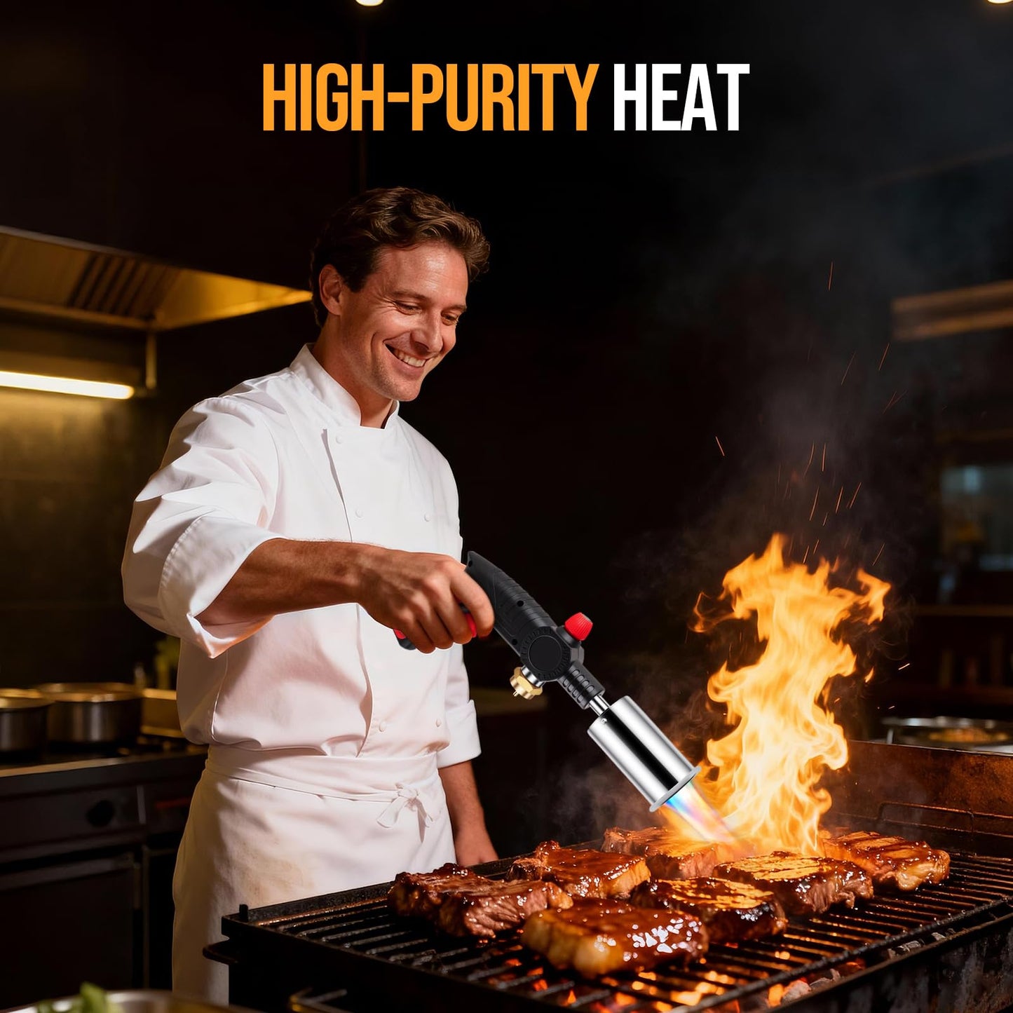 Propane Torch, Adjustable Culinary Torch for Kitchen Cooking, Sous Vide Searing, BBQ Grilling, Campfire Starter, Safety-Designed Torch Burner with Heat-Resistant Shield (Tank Not Included)