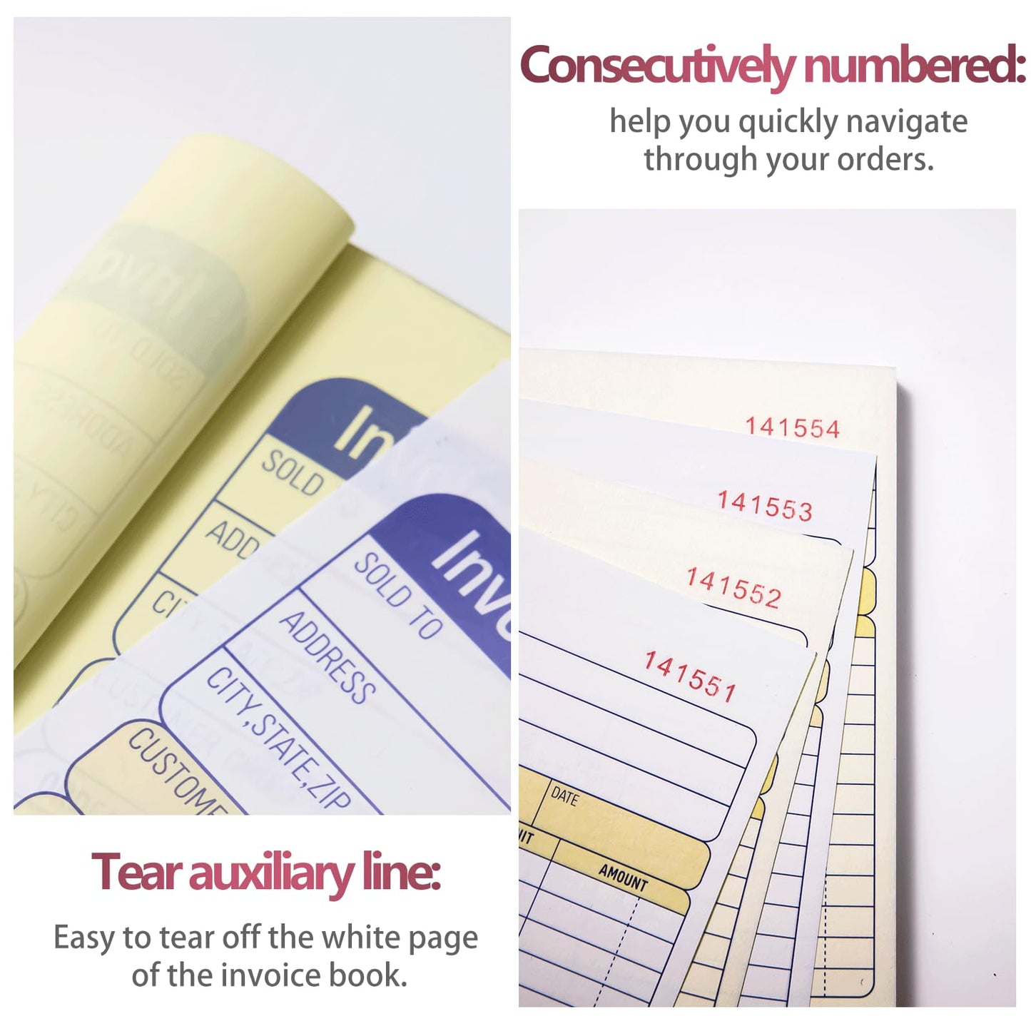 XKDOUS 20 Pack Invoice Book, 2-Part Carbonless, 5-9/16" x 8-7/16" Invoice Receipt Book for Small Business, 50 Sets per Book