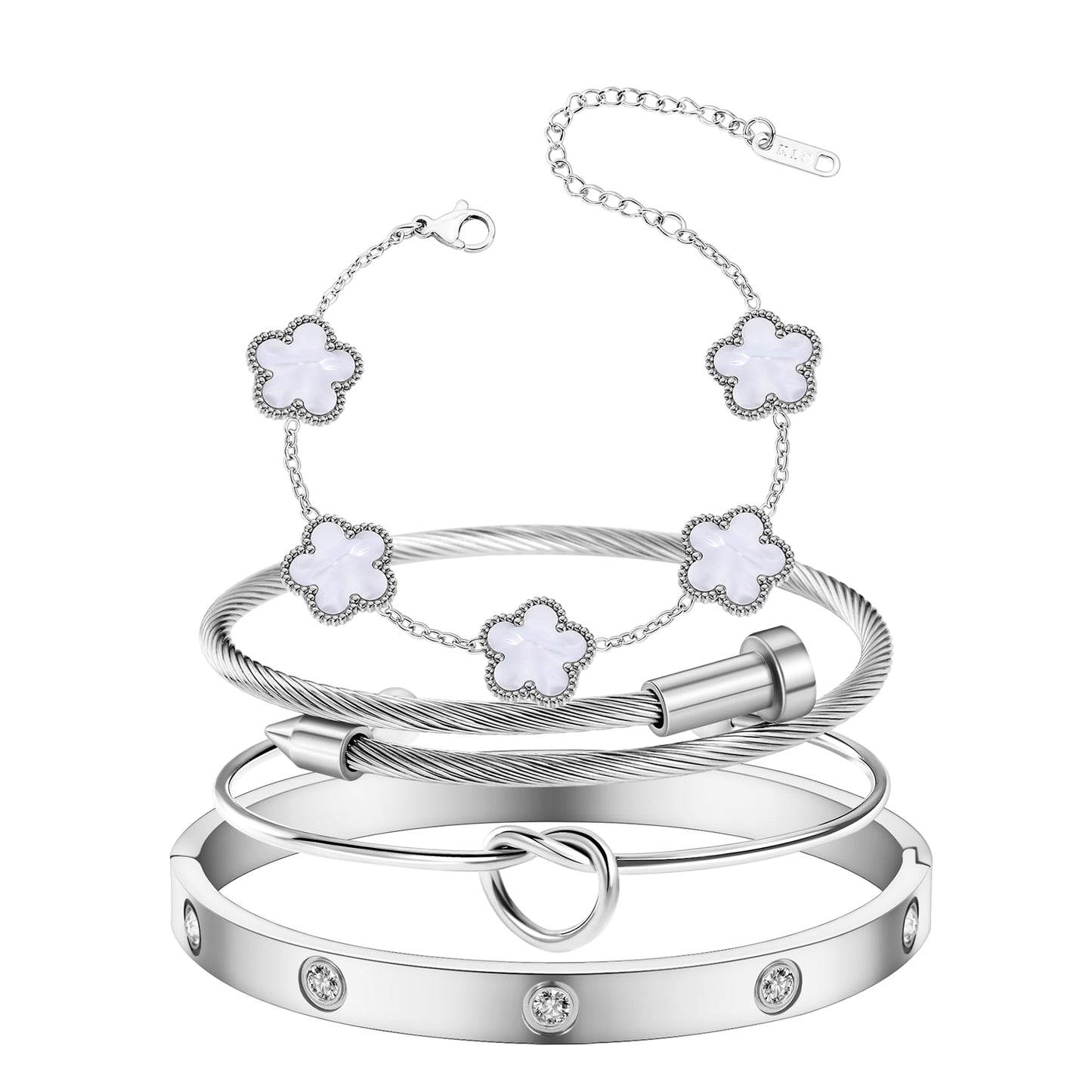 MAOCEN Womens 4Pcs Stackable Floral Gold Bracelets Stainless Steel Bangle Bracelets Non Tarnish Silver Set Trendy Jewelry Gifts for Womens (Silver White, 7")