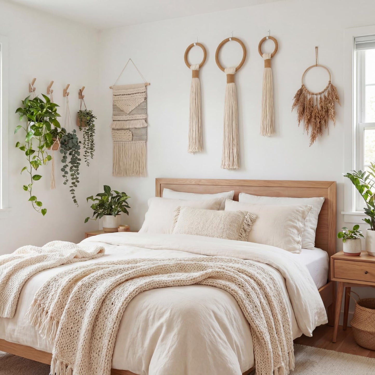 Tegeme 3-piece Macrame Wall Hanging Large Boho Wall Decor Set Extra Large Beige Boho Spherical Knot Tapestry with Long Fringe Handmade Cotton Yarn Art for Living Room Bedroom Nursery Dinning Room