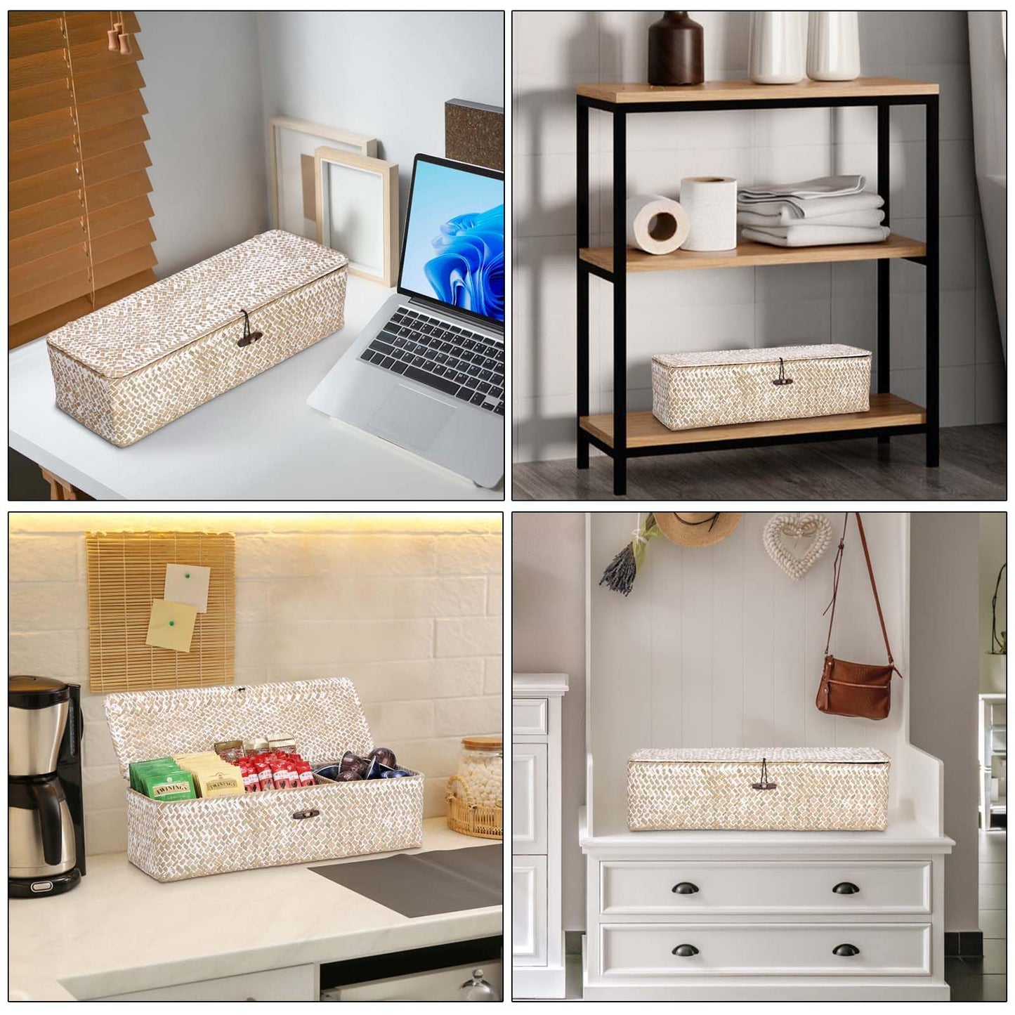 Hipiwe Storage Basket with Lid 3 Sections Handwoven Seagrass Basket Rectangular Closet Organizer Bin Multipurpose Storage Box for Bathroom Shelf Kitchen, Whitewash
