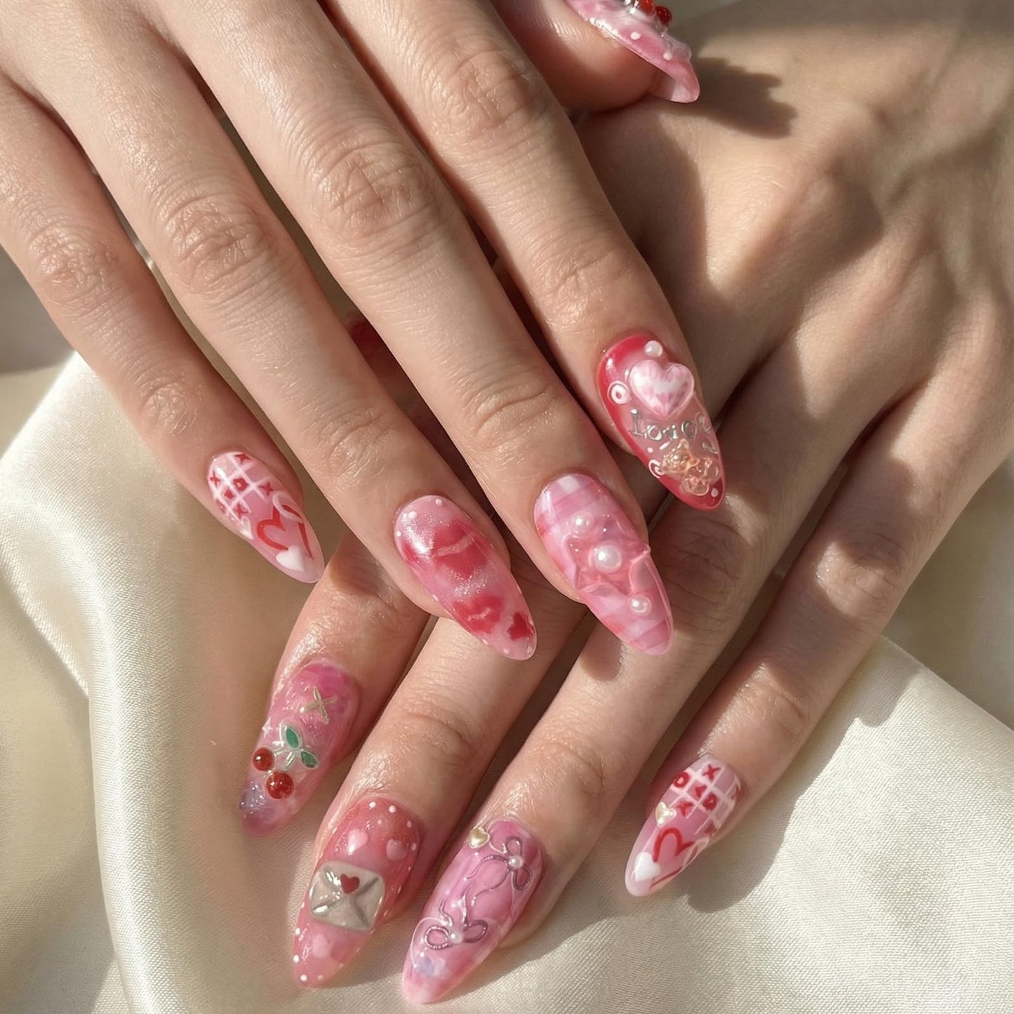 octoswave Almond Press on Nails Medium Fake Nails Cute Pink Love Artificial Nail 3D Sparkly Charm Stick on Nail for Women 30pcs