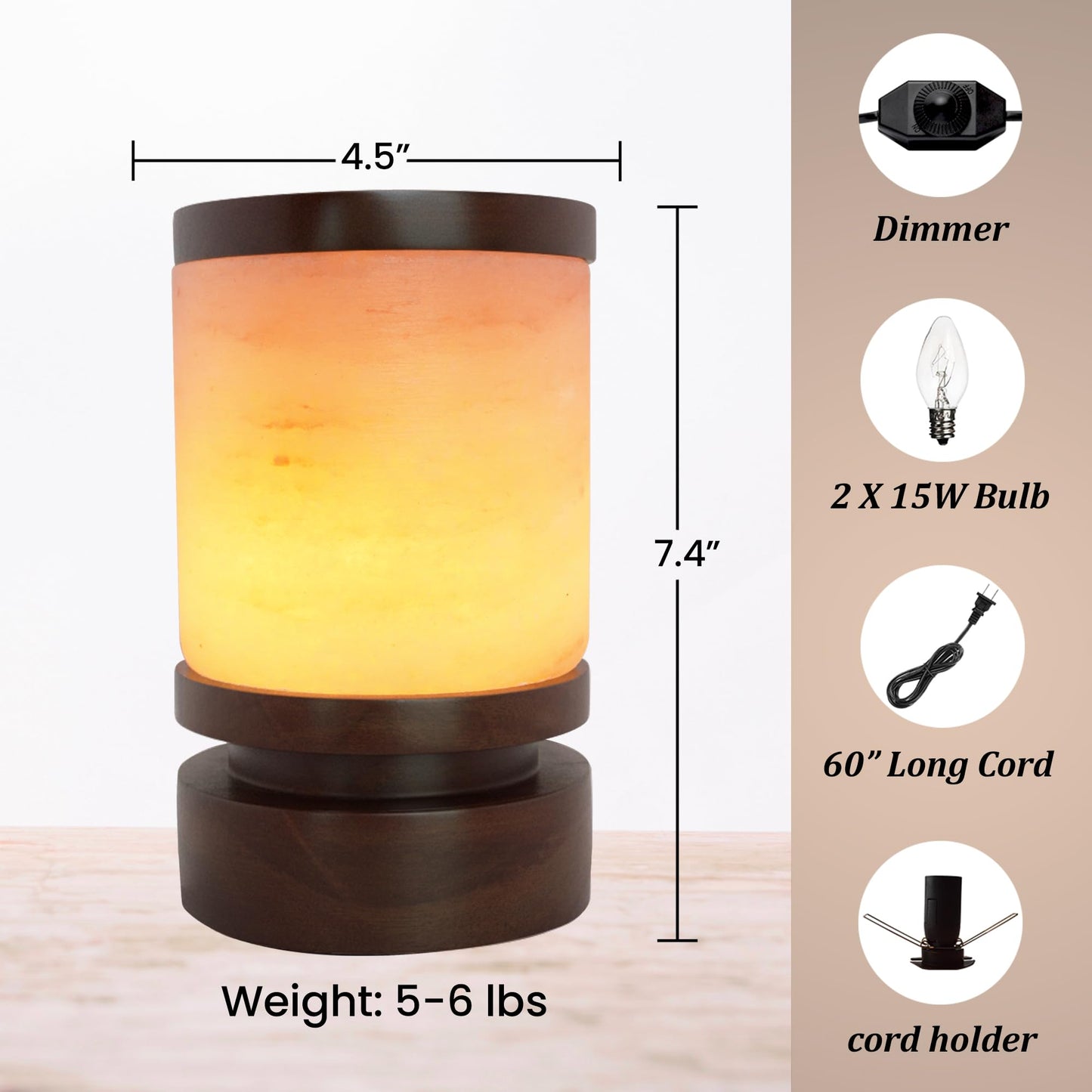 POHS Himalayan Pink Salt Round Lamp with Premium Brown Polished Wooden Base, 60'' Long Dimmer Switch Cord and Two Light Bulbs; Hand Crafted,for Home, Office and Gift for Christmas