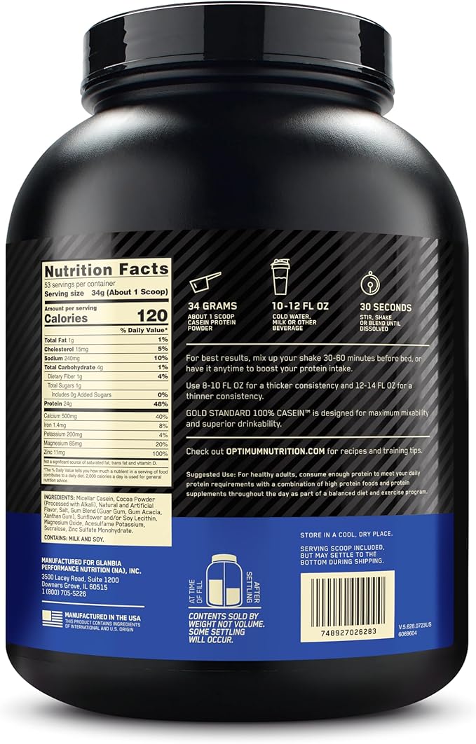 Optimum Nutrition Gold Standard 100% Micellar Casein Protein Powder, Slow Digesting, Helps Keep You Full, Overnight Muscle Recovery, Chocolate Peanut Butter, 4 Pound (Packaging May Vary)