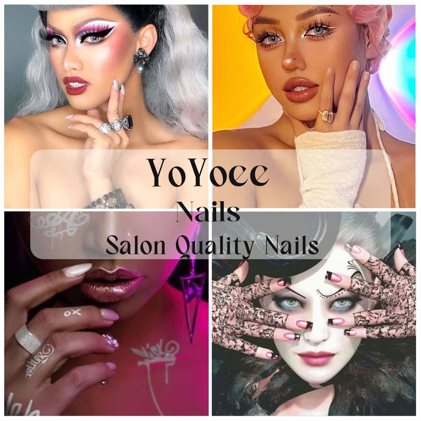 YoYoee Long Coffin False Nails French Gradient Press on Nails Full Cover Fake Nails Crystal Gem Design Nails Tips for Women and Girls 24PCS