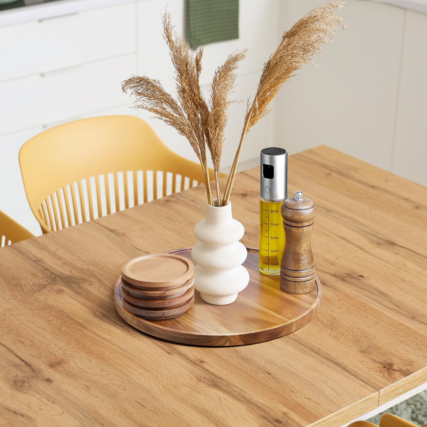 12 Inch Acacia Wood Round Tray, Wooden Decorative Serving Coffee Table Tray Centerpiece Candle Holder for Farmhouse Kitchen Dining Room Home Decor Coffee Table Decor and Accessories