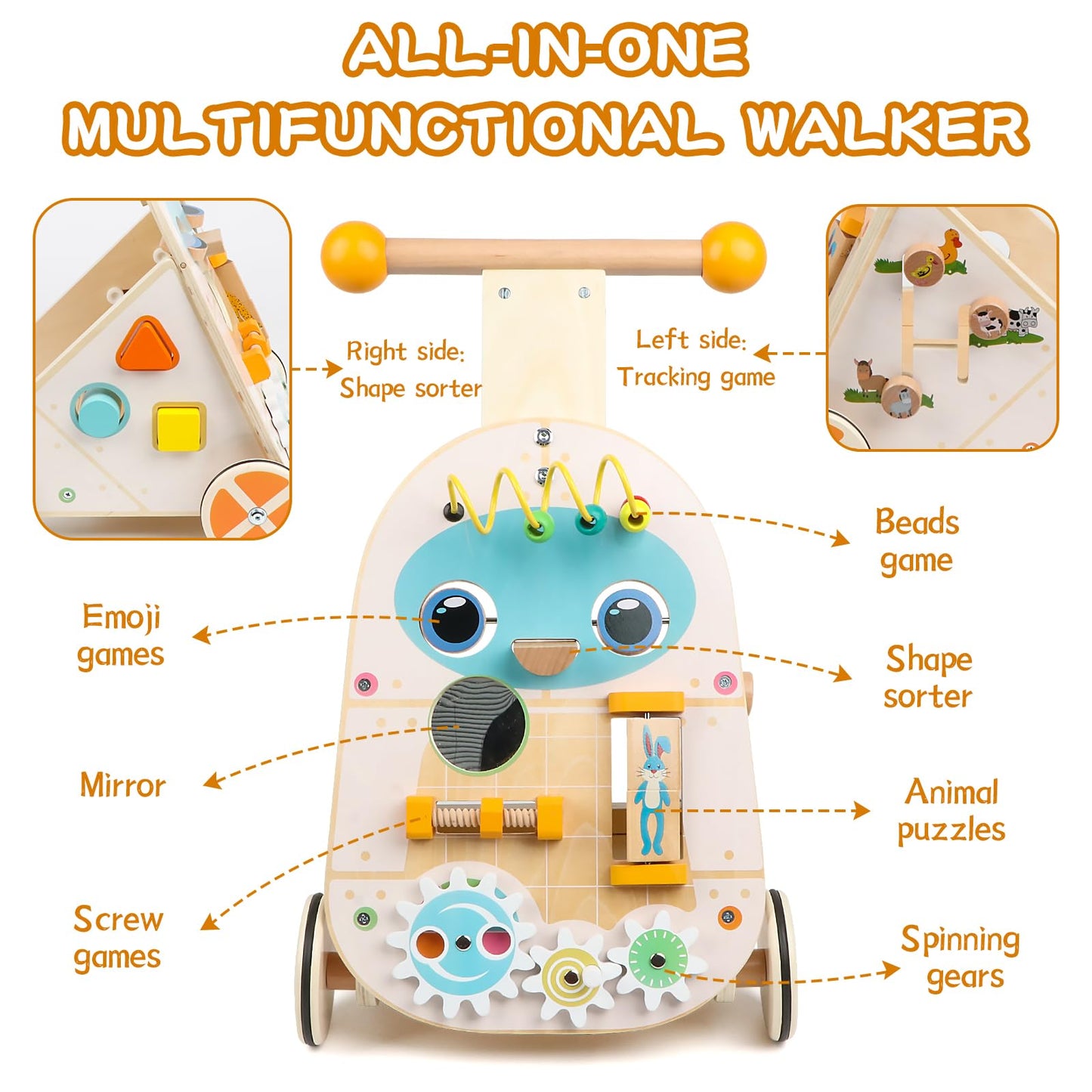 Steventoys Wooden Push Walker, Adjustable Speed Baby Push Walker Activity Center Toys, Wooden Baby Walker Push and Pull Learning Activity Walker, Learning & Walking Toy for Boys Girls
