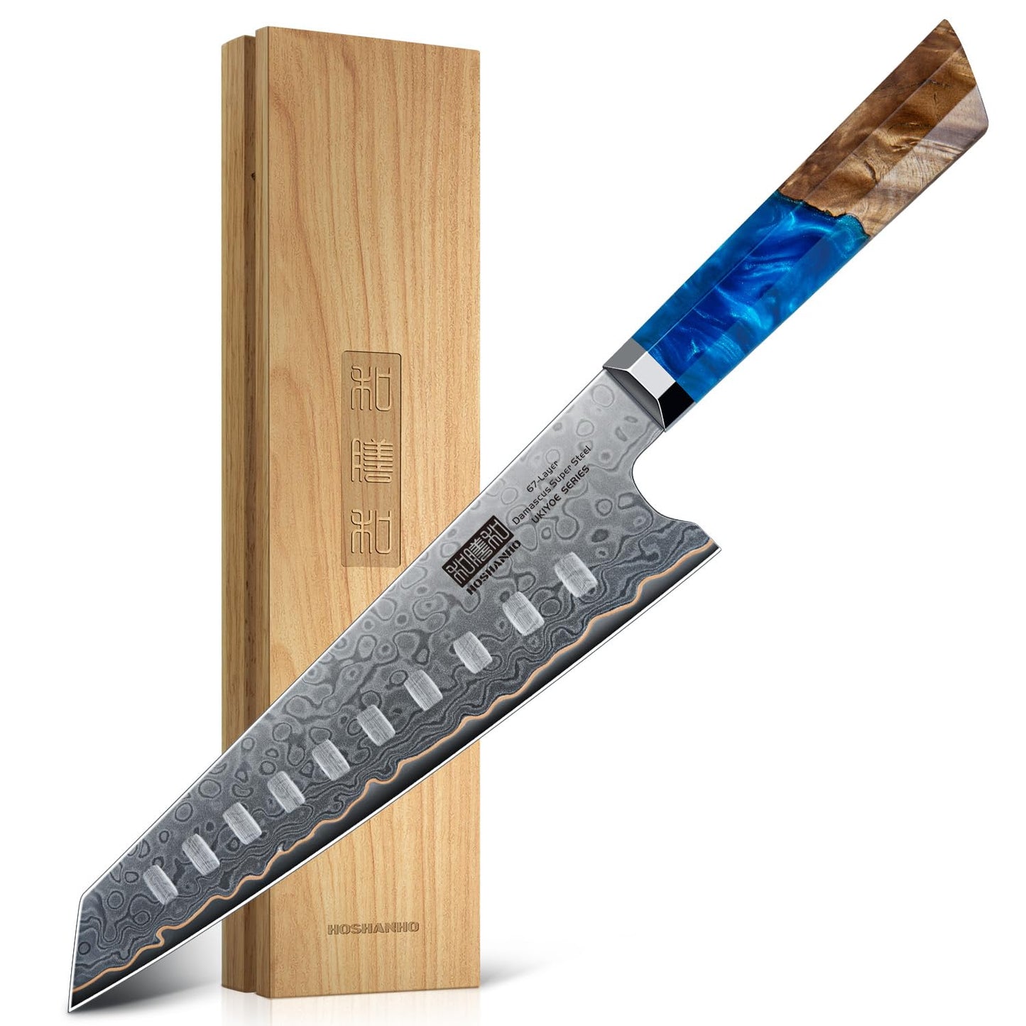 HOSHANHO Damascus Santoku Knife 7 Inch, 67-Layer Damascus Steel Chef Knife, Ultra Sharp Professional Kitchen Knives with Ergonomic Blue Resin Stabilized Wood Handle and Wood Gift Box