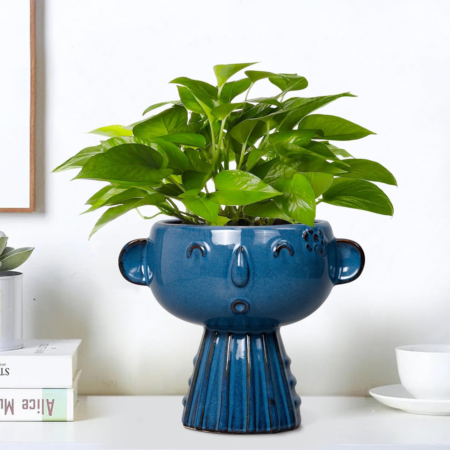 Fivepot Head Planter Pot - 7 Inch Cute Face Planter for Indoor Outdoor Plants Ceramic Succulent Pot Round Flower Pot Present for Mother Christmas with Drainage Hole Blue