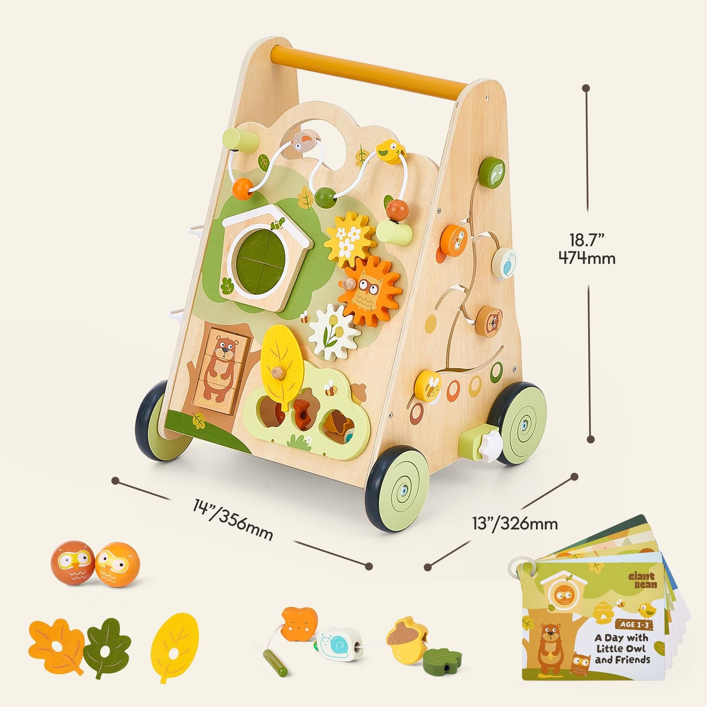 10-in-1 Wooden Baby Walker with Activity Center, Forest Montessori Push Toy for Toddlers 1–3, Bead Maze, Shape Sorter, Gears, Puzzles Fine-Motor Learning, Speed Adjustable Wood Walker for First Steps