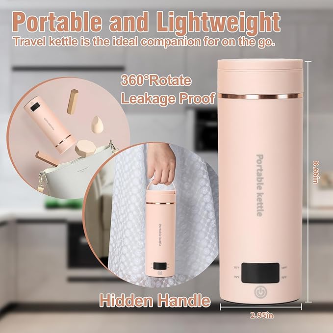 Travel Electric Kettle Portable Mini Kettle,Small Hot Water Boiler with 4 Temperature Settings,304 Stainless Steel,Fast Boiling Water with Auto Shut-Off and Boil Dry Protection (Pink, 400ml)