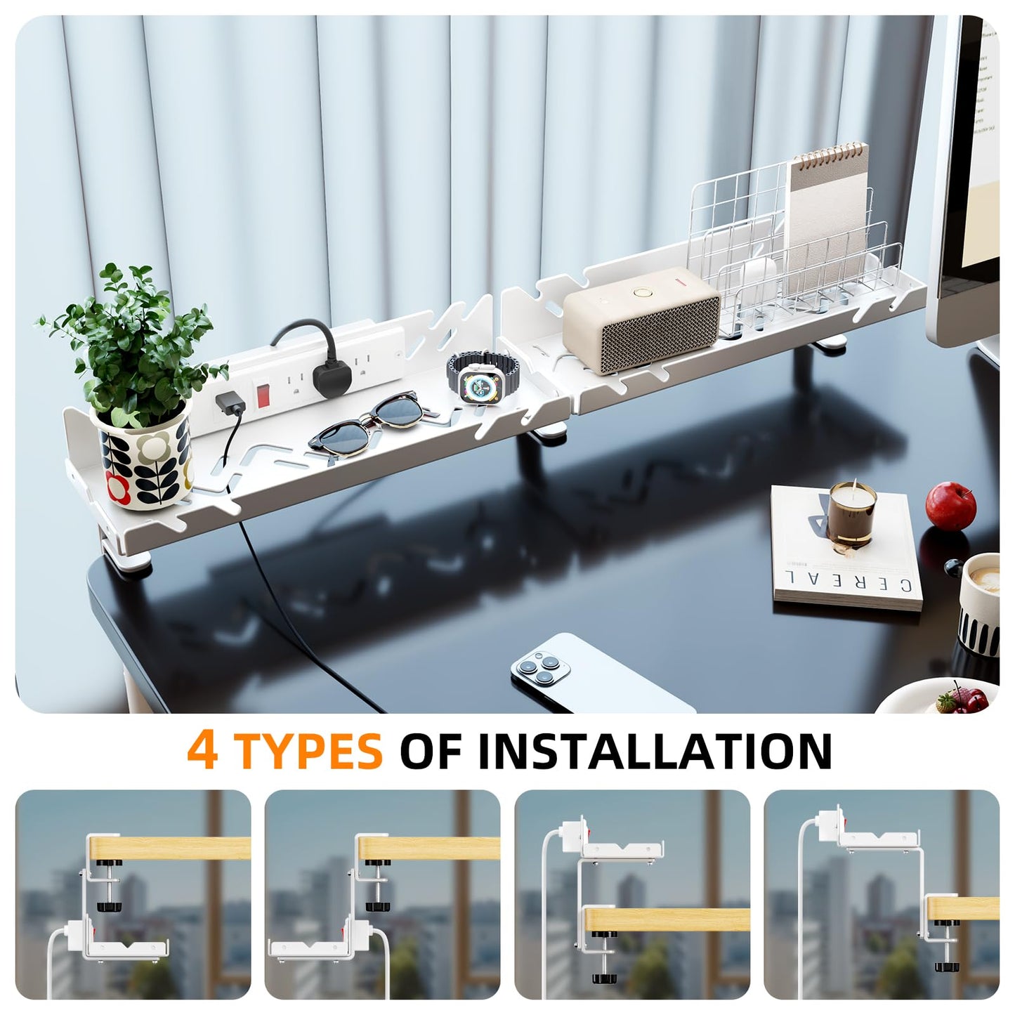 Extended Metal Under Desk Cable Management Tray with Power Outlet, No-Drill Wire Organizer with Clamp, Cord Storage Raceway for Desk Cable Management for Office Home (White)