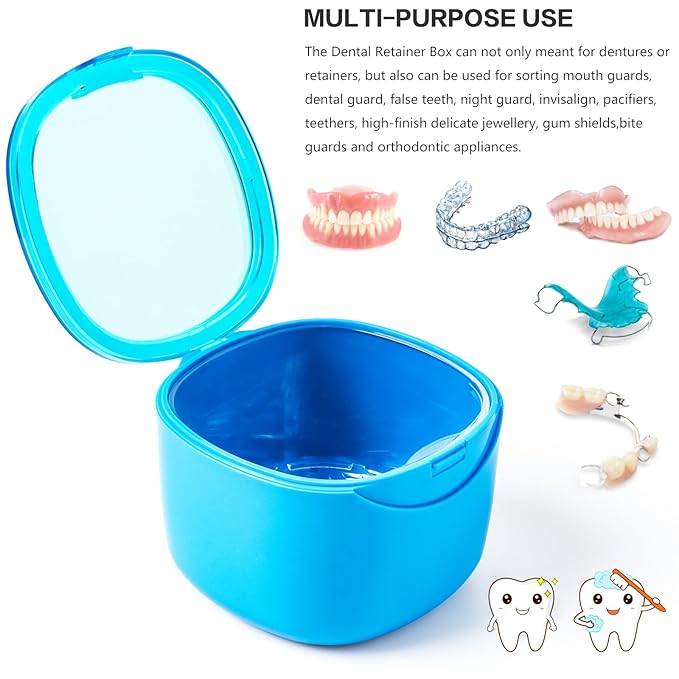 Denture Bath Case, Retainer Cleaning Box,No-Leak Denture Case, Mouth Guard, Night Guard and Retainer (blue)