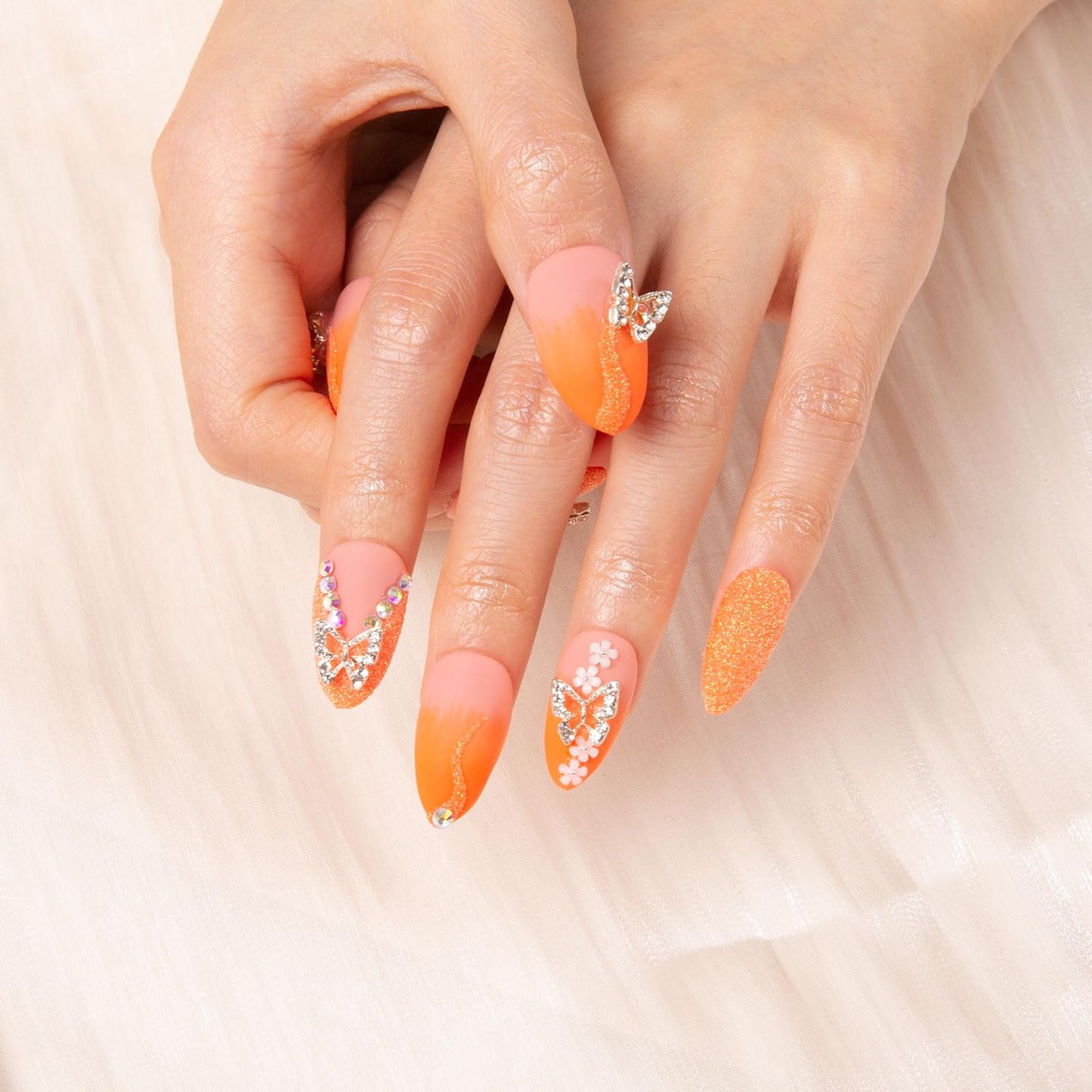 LOVFUL Press on Nails Citrus Bloom | Handmade with Full Covered Crystals | Reusable Fake Nails | Almond Regular 1.0 in | H209-L