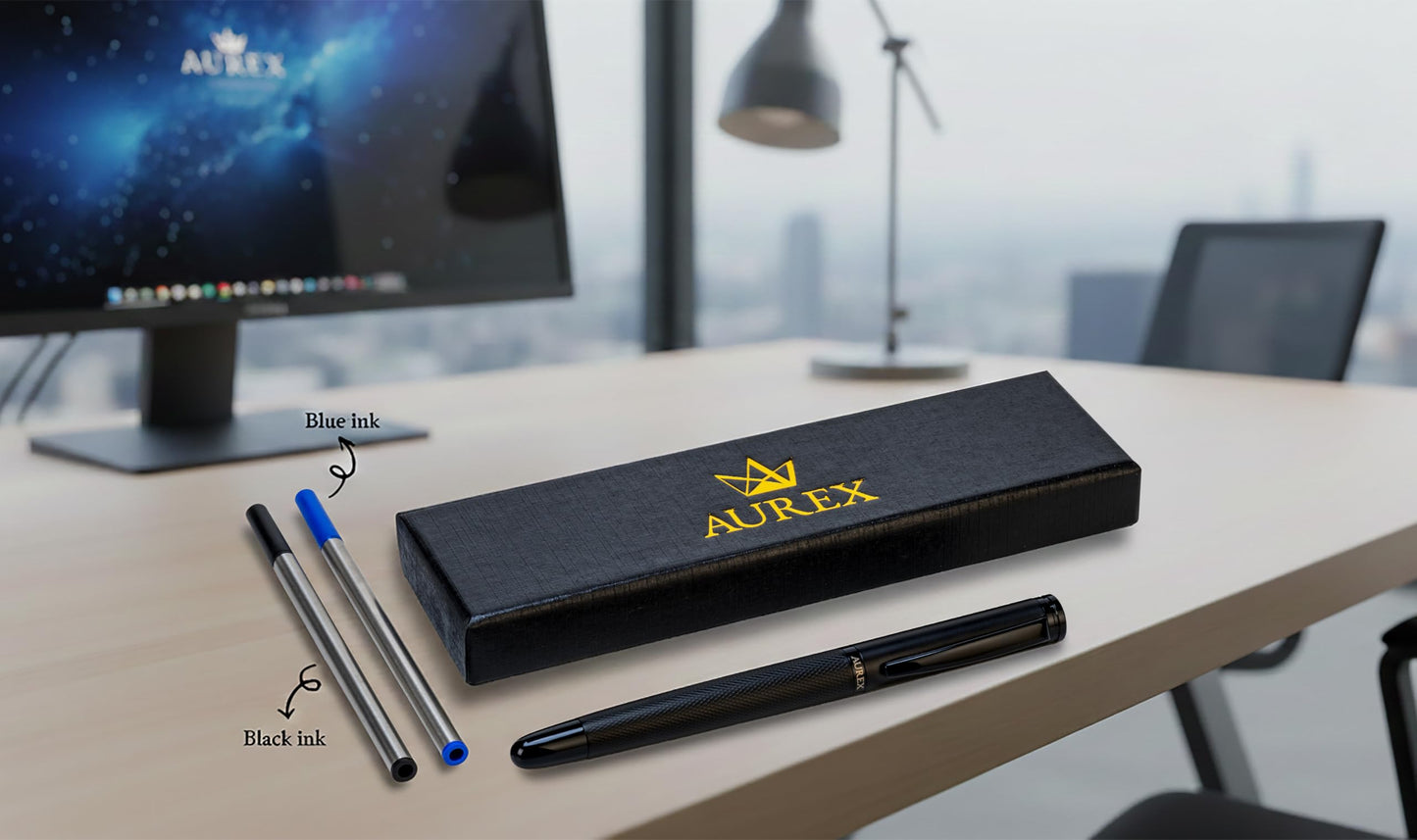 AUREX Luxury Black Rollerball Pen – Metal Pen with Cap, Micro Tip, Diamond Body Design, Gift Box & Blue + Black Ink – Executive Writing Pen