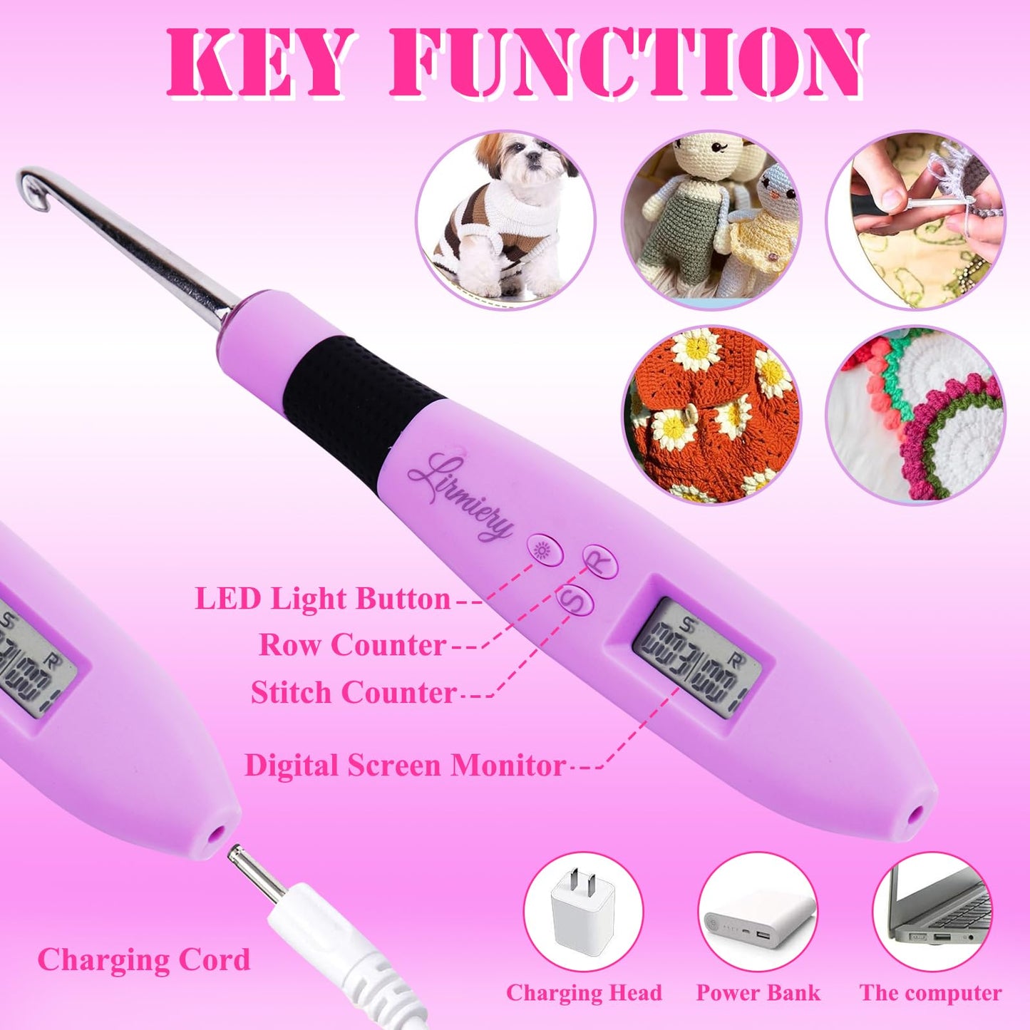 Counting Crochet Hook Set Digital Ergonomic Crochet Hook-LED and 2 Levels Brightness Dimmable Light Up Crochet Hooks& Digital Stitch Counter,Beginner Knitting Kit with 12 Interchangeable Crochet Hooks