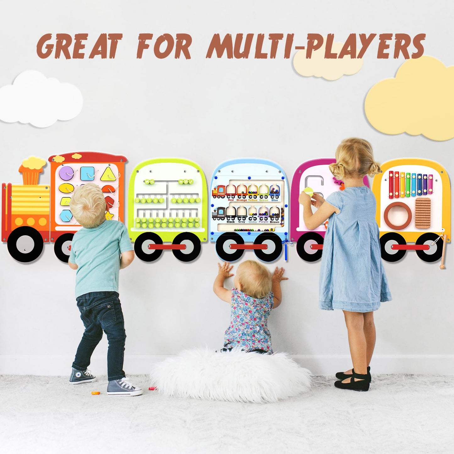 Joyreal Train Activity Wall Busy Board Panels - 8-in-1 Toddler Learning Activity Center - Wooden Montessori Sensory Toys for Playroom, Daycare, Classroom - Educational Toy for All-Round Development