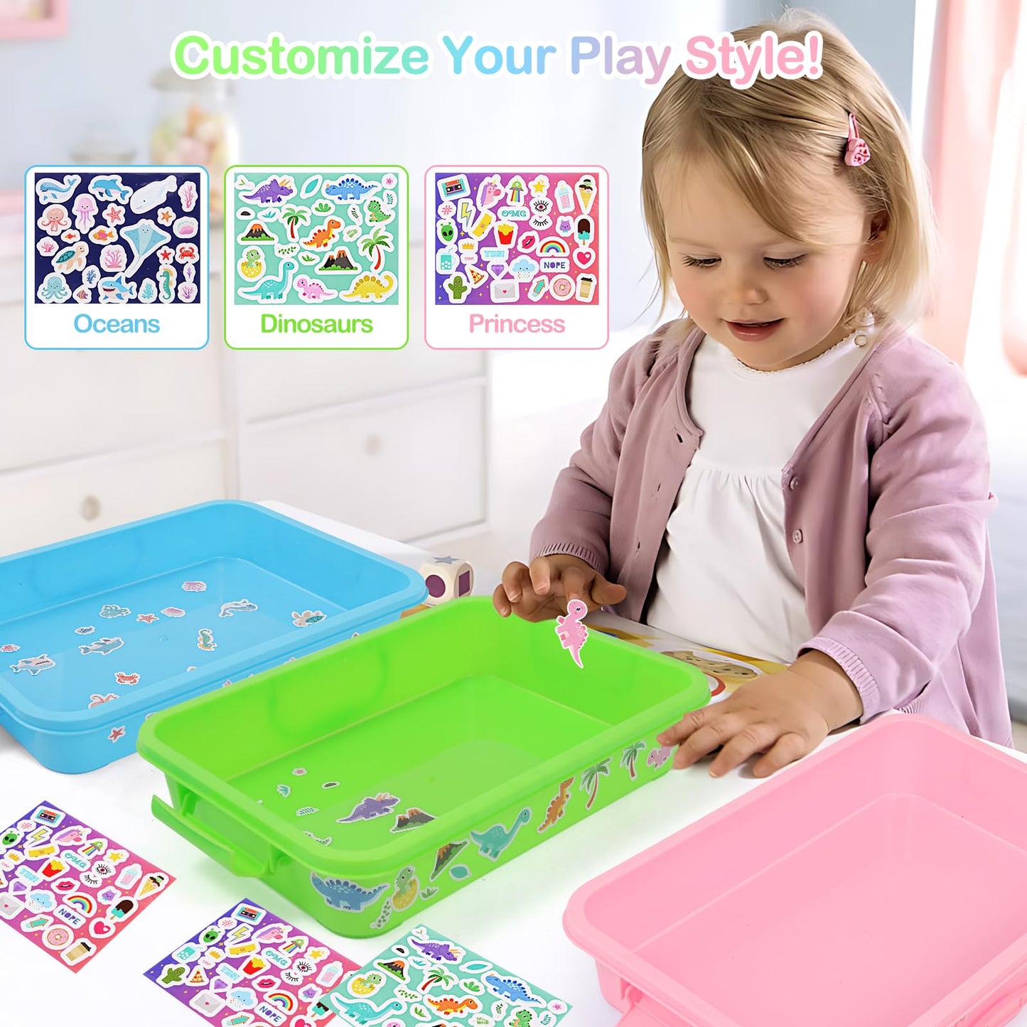 FIIOEOY 3 Pcs Sensory Bin Sand Tray with Lid & 3 Stickers, Stackable Plastic Storage Containers, Portable Sandbox Toy, Organizers for Toys, Sand, Arts, Crafts (Blue, Green, Pink)
