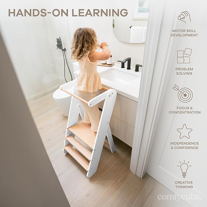 Comfy Cubs Kids Step Stool for Ages 3+, 3 Height Adjustable Toddler Tower, Montessori Furniture Designed in The US - Toddler Standing Tower for Kitchen Sink & Bathroom Access - White