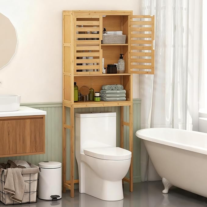 Giantex Over The Toilet Storage Cabinet, 4-Tier Bamboo Bathroom Space Saver with 2 Louver Doors, Open Shelf, Adjustable Bottom Bar, Over Toilet Bathroom Organizer for Laundry, Balcony, Restroom