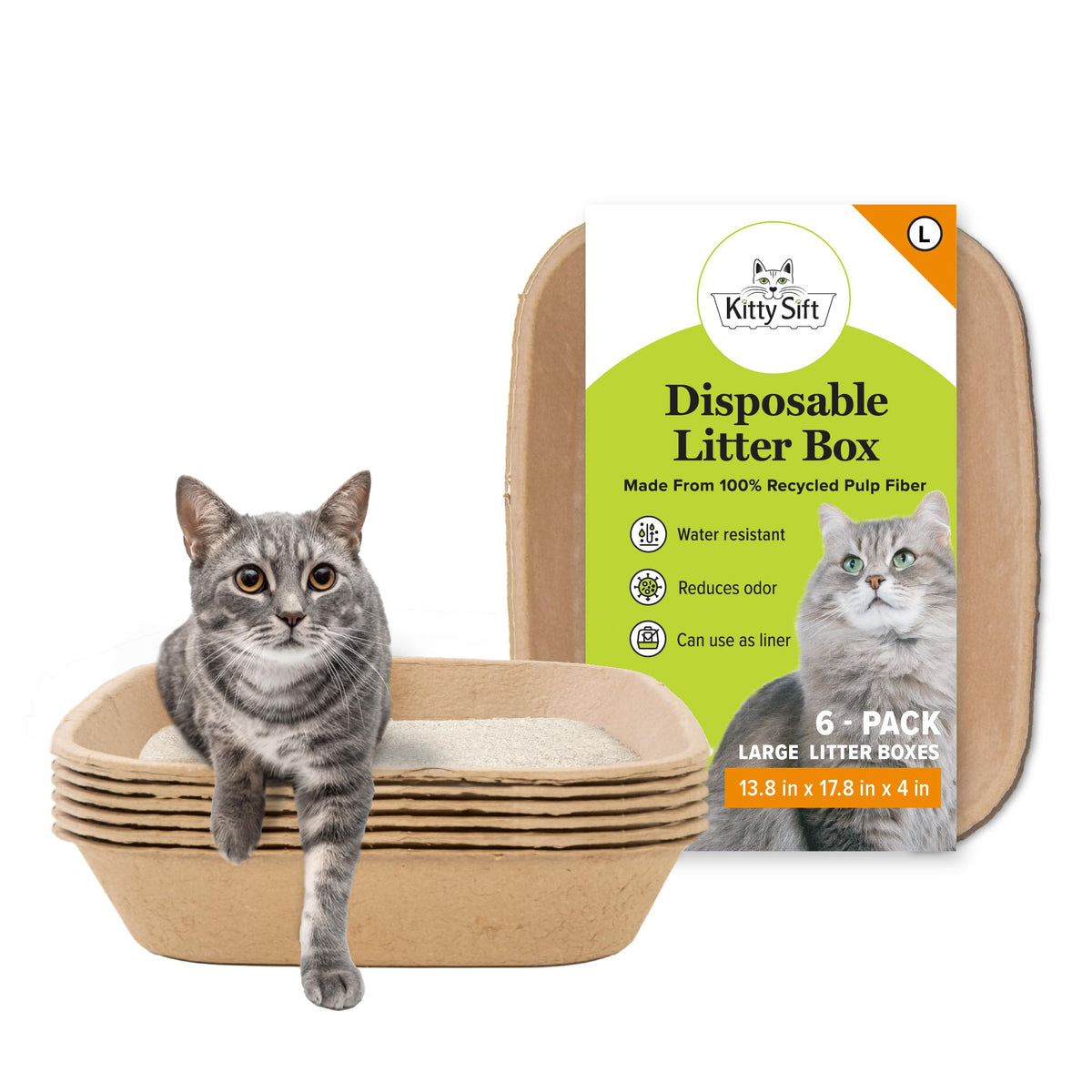 Kitty Sift Disposable Cat Litter Box Jumbo, 6 Count, Durable and Portable for Travel and Home, Eco-Friendly Disposable Litter Box Controls Odor