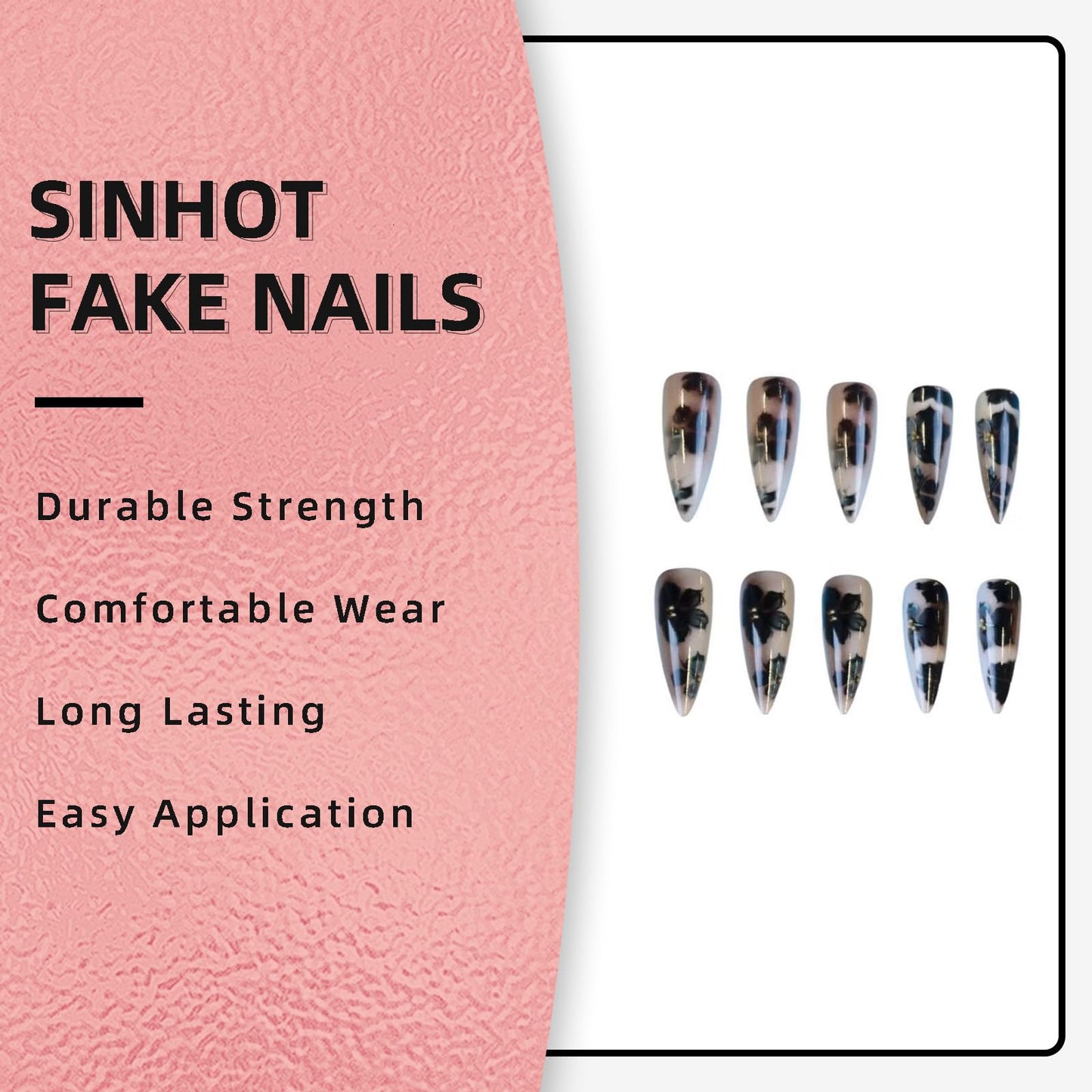 SINHOT Stiletto Press on Nails - Long Fake Nails, Matte Finish, Nude Black Flower & 3D Gold Pearls, Reusable Artificial False Nail Art - 24 Pcs Nail Kit with Glue