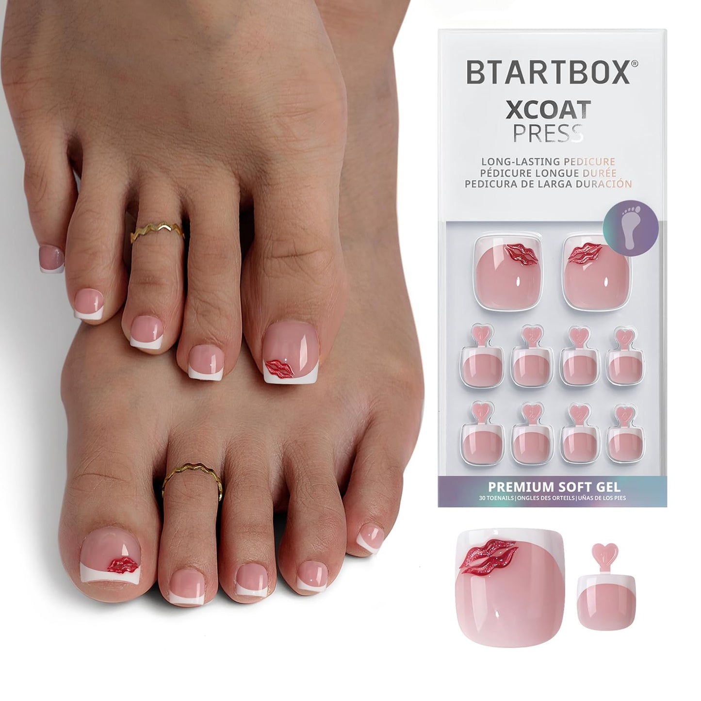 BTArtbox Press On Toenails Short - Date Night, Lamp-Curable 3D Red Lips French Tip Square Toe Nail Press Ons with Glue and Adhesive Tabs for Women in 15 Sizes - 30 Toenails All-in-One Kit