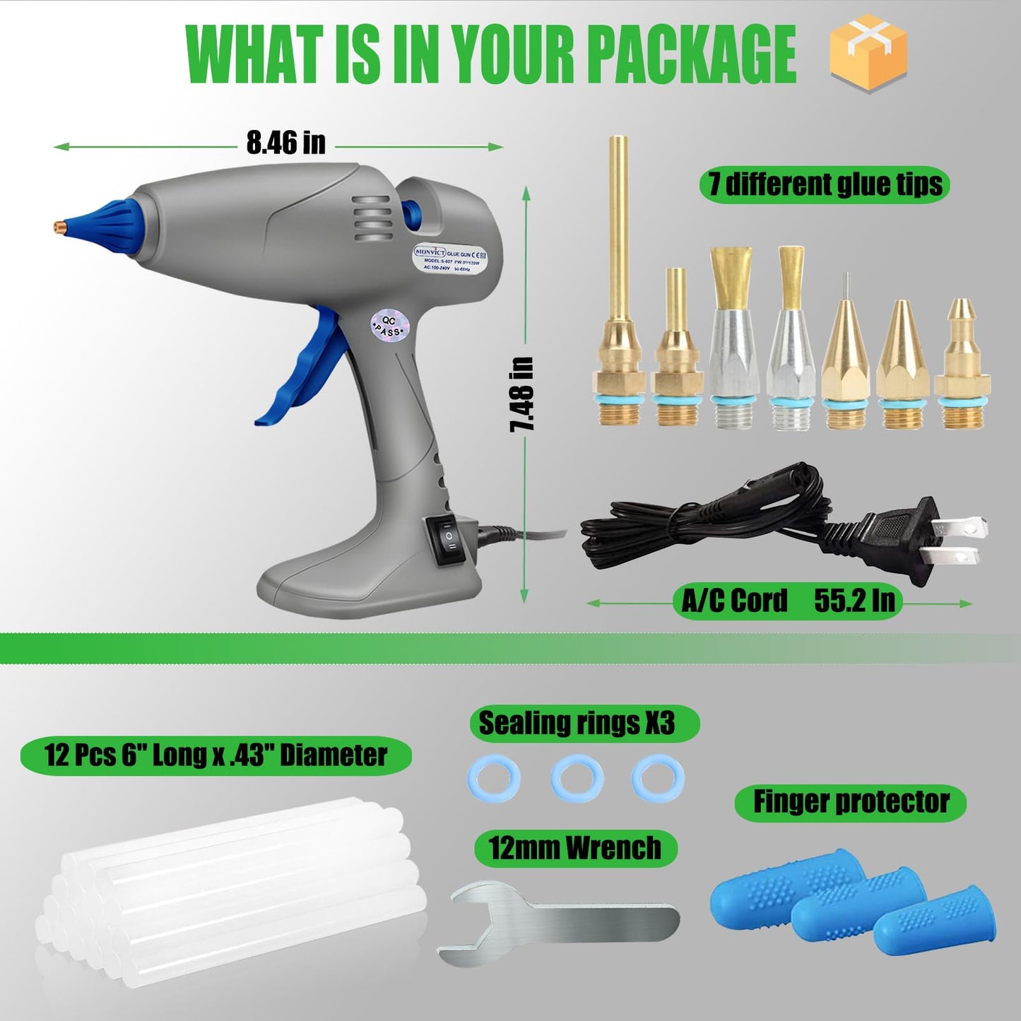 MONVICT Full Size Hot Glue Gun with 7 Copper Nozzles,120W Dual Temperature Switching, 3 Silicone Finger Covers, Corded Detachable Cord Use Stand-Up Base Anti-drip for Art DIY Craft repair