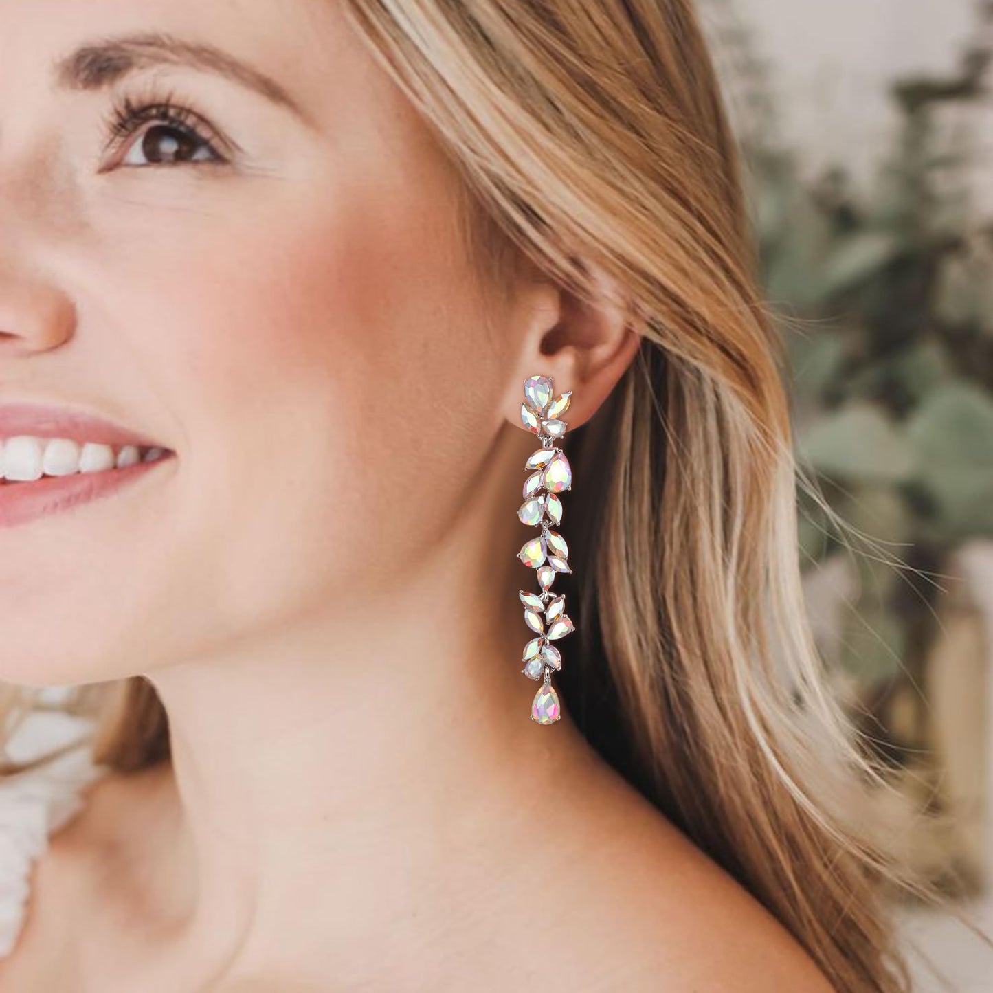 EVER FAITH Crystal Wedding Chandelier Dangle Earrings for Bridal, Rhinestone Marquise Teardrop Floral Long Drop Earrings for Women Iridescent AB Silver-Plated-Base