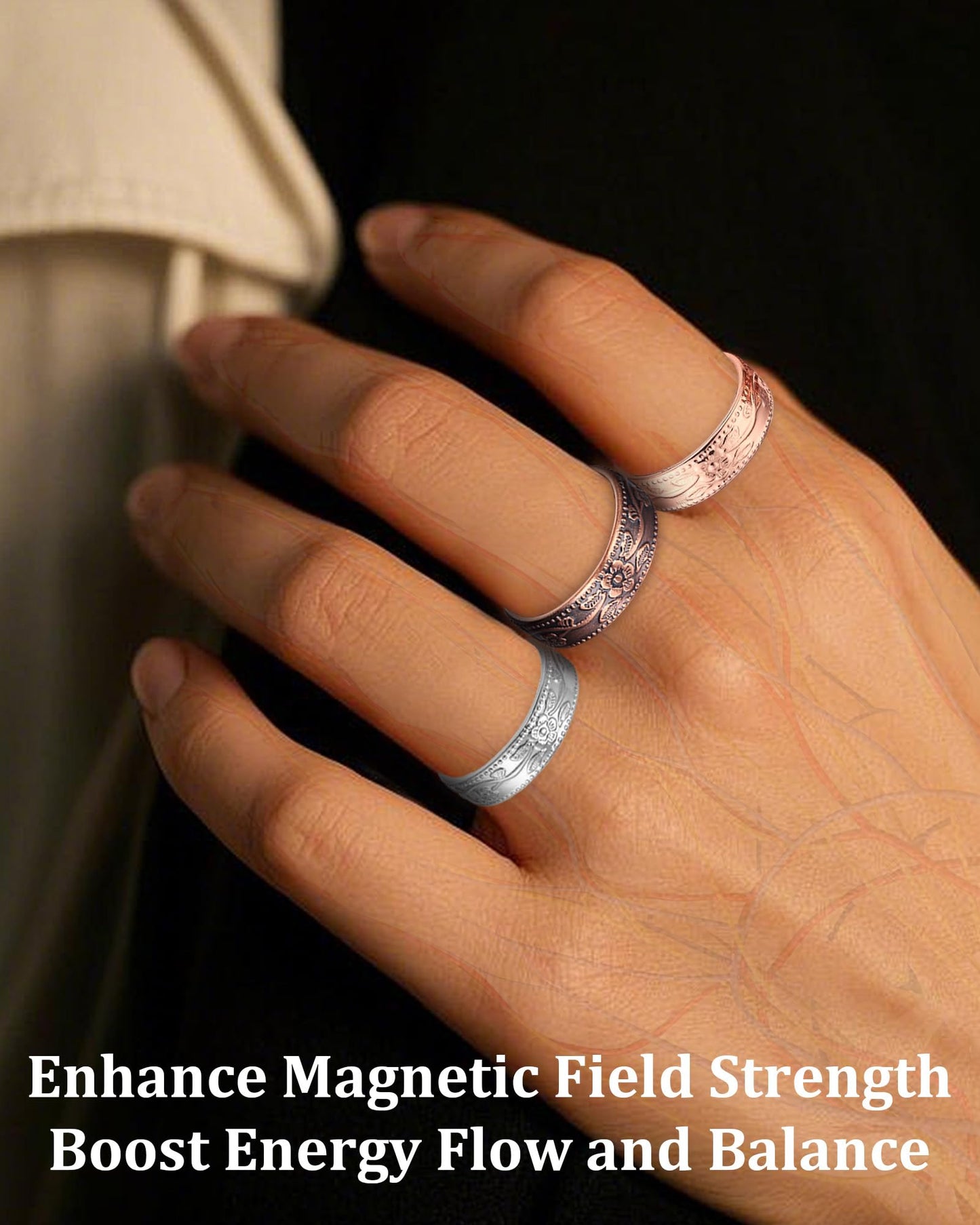 BioMag Magnetic Lymphatic Drainage Ring Set, 3Pcs 99.99% Pure Copper Rings for Women with 3500 Gauss Magnets, Adjustable Size, Floral Branch and Leaf Pattern