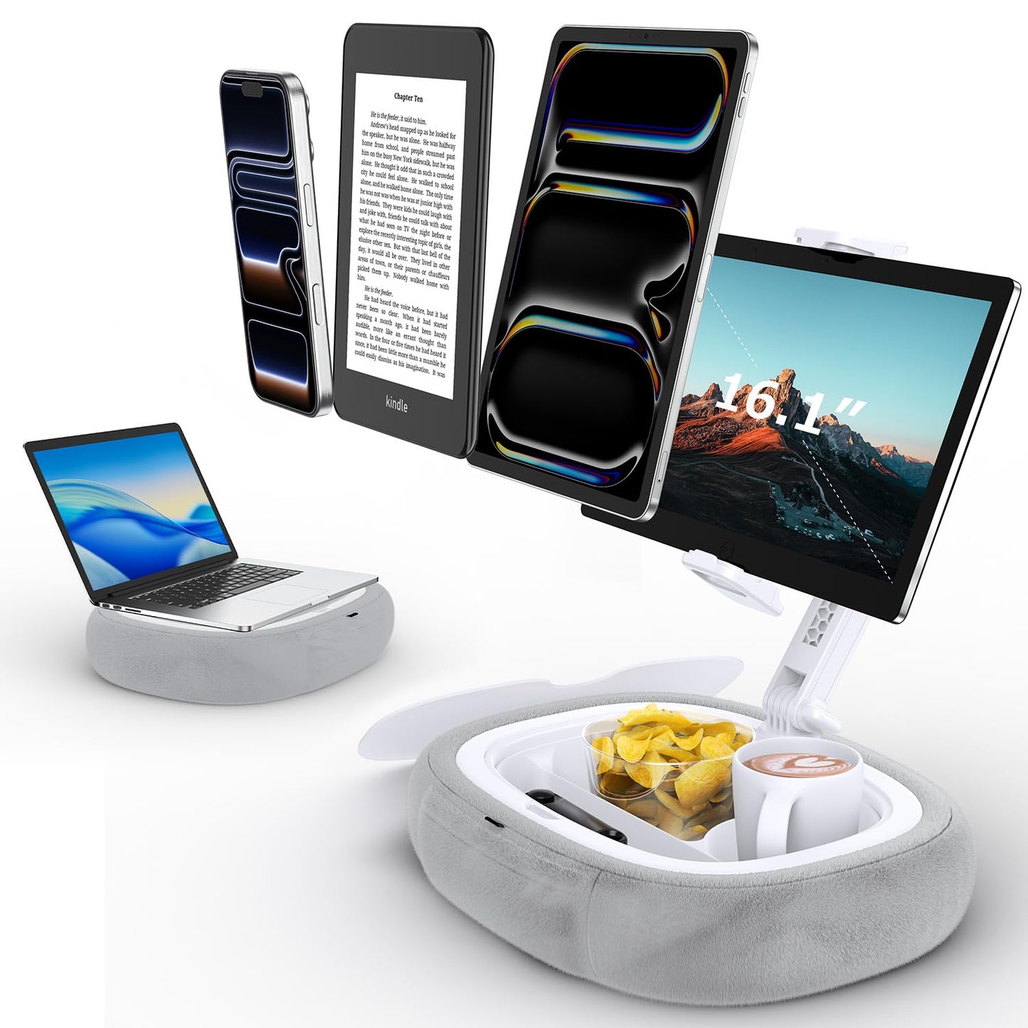 Tryone Tablet Pillow Holder & Laptop Stand : Lap Adjustable iPad Holder with Snack Bowl,Soft Plush Pillow & 360° Rotating Detachable Support Arm for 4.7-16.1 Kindle Phone Tablet Laptop (Gray)