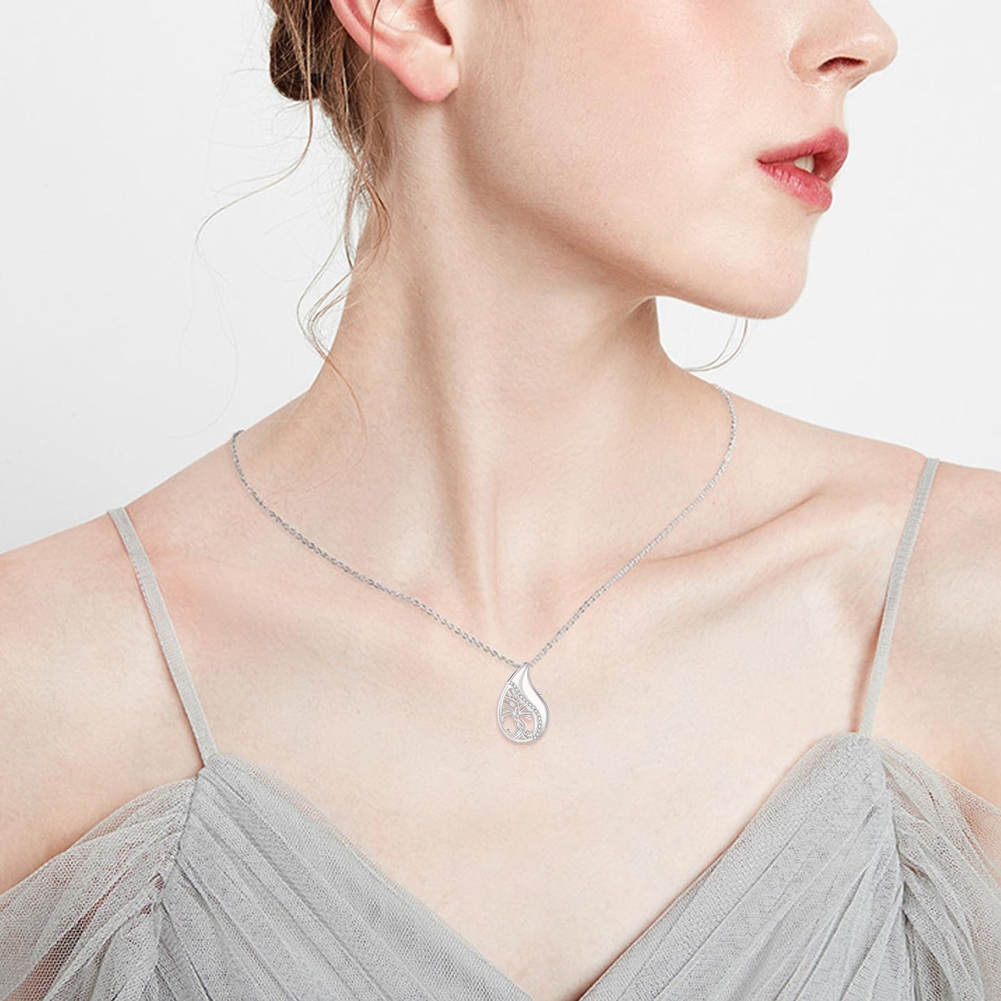 POPLYKE Tree Of Life Urn Necklace for Ashes for Women Sterling Silver TearDrop Cremation Necklace for Ashes Keepsake Jewelry for Human Men