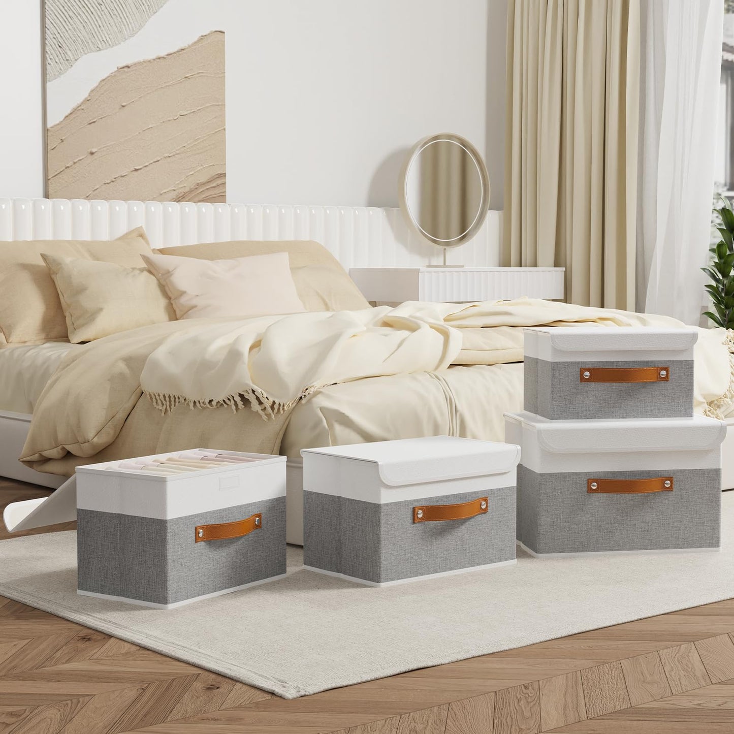 OUTBROS Large Foldable Storage Bins, Linen Fabric Box with Lid, Organiser for Shelves, Cubes For Towels, Clothes, 13 x 9.1 x 7.9 inch (White/Grey, 1-Pack)