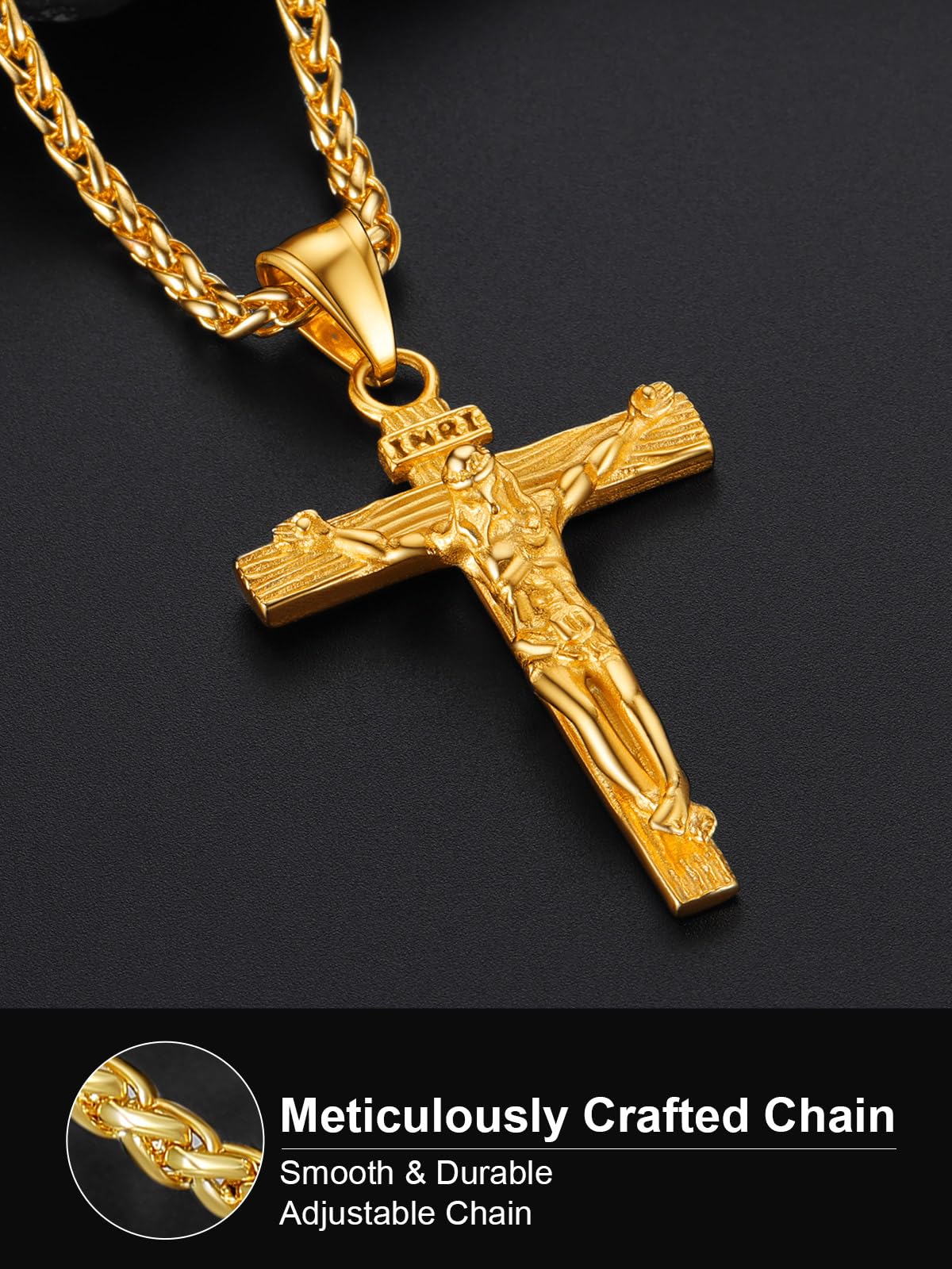 U7 Crucifix Cross Necklace 18K Gold Plated Crucifix Necklace Cross Pendant for Men with Rope Chain 24"(Gold)