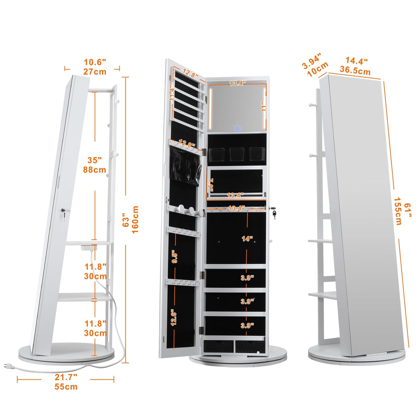 IRONCK 360° Swivel Mirrored Jewelry Cabinet with Full-Length Mirror, Charging Station, Lockable Standing Jewelry Organizer with Rear Storage Shelves, Interior Mirror, LED Lights, White