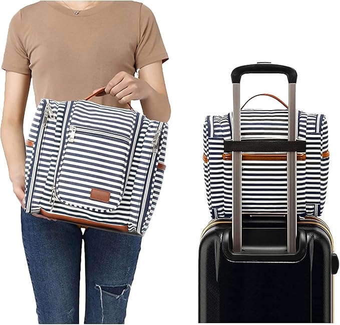 Pearl Angeli Hanging Toiletry Bag for Women, Large Makeup Cosmetic Bag, Water Resistant Toiletries Travel Essentials Organizer, Full-size Container, Navy-striped