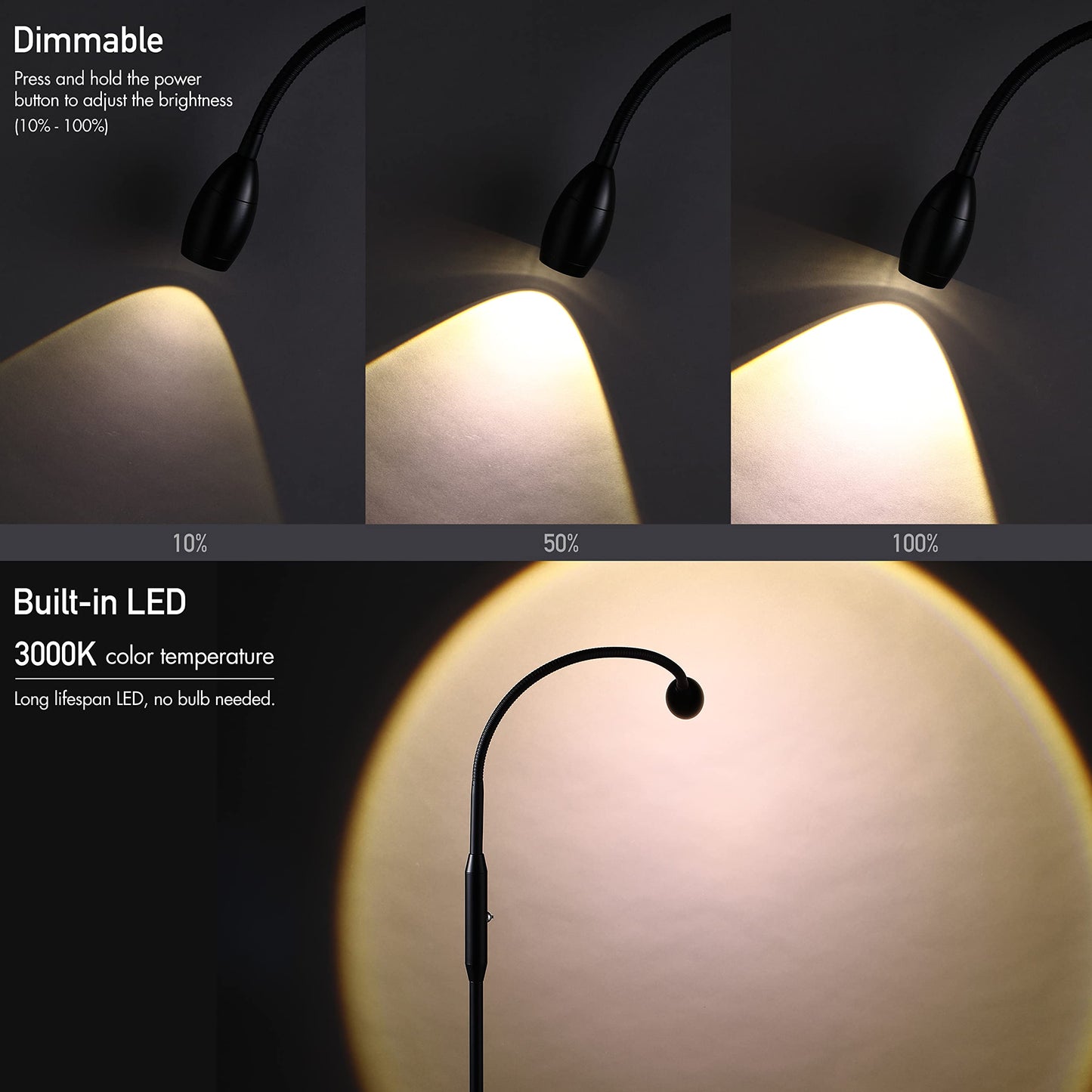O’Bright Ray – Adjustable LED Beam Floor Lamp, Dimmable and Zoomable Spotlight, Flexible Gooseneck, Reading/Crafting Standing Lamp, Work Table Light, Matte Black