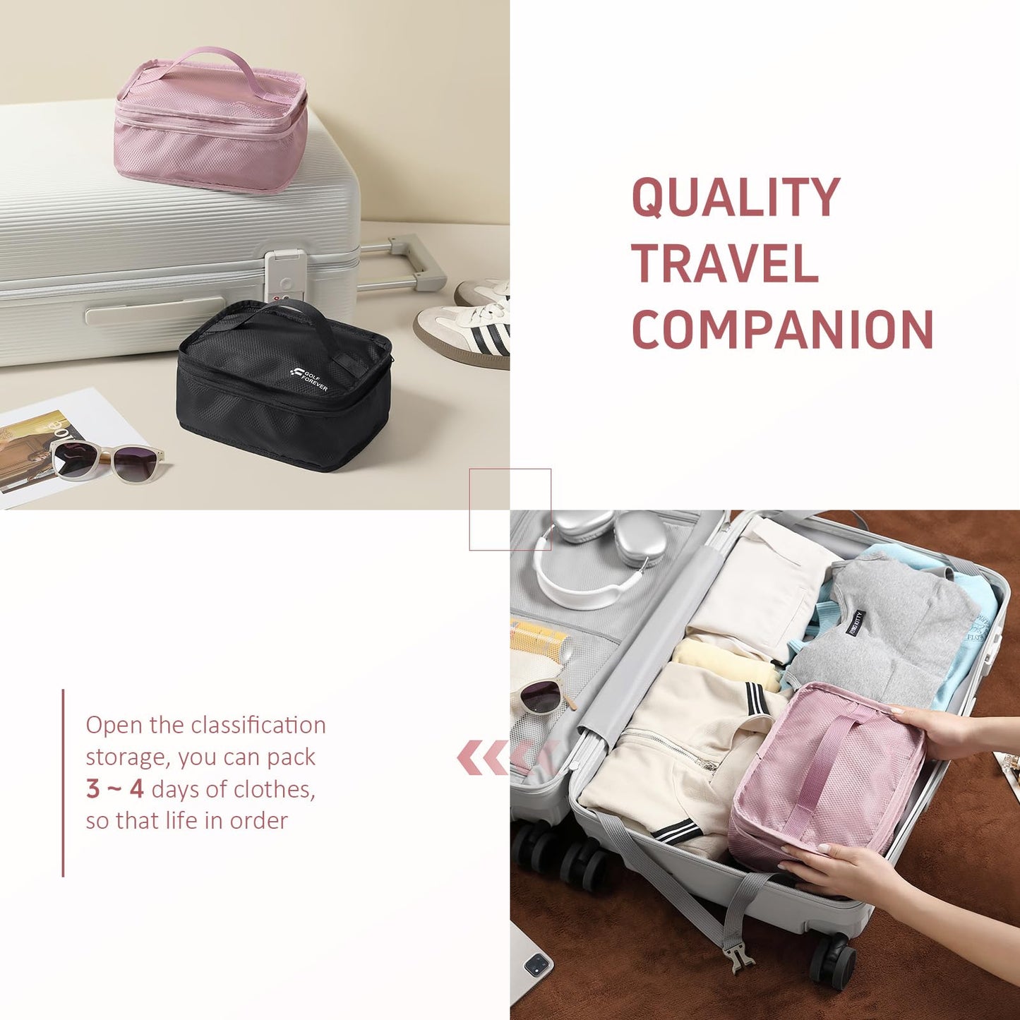 GOLF QUALITY Multi-layer storage bag Casual simple Luggage Packing Organizer with Hook,Clothing Underwear Bag,Carry On Closet,Purple pink