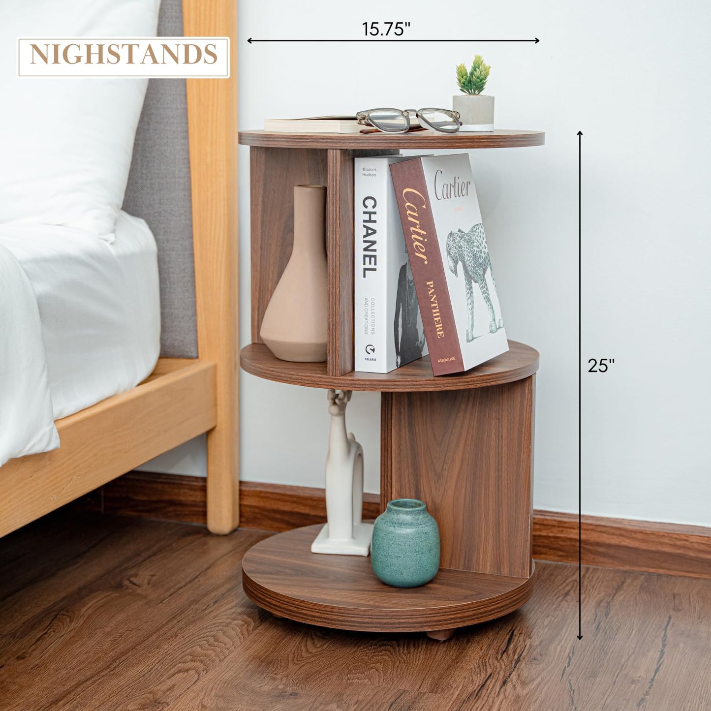 KAYMILY Round End Tables, Mid Century Modern 3 Tier Side Table for Living Room, Bedroom, Office, 25" Tall Accent Nightstand with Open Storage Shelves, Easy Assembly, MDF Wood - Stationary - Walnut