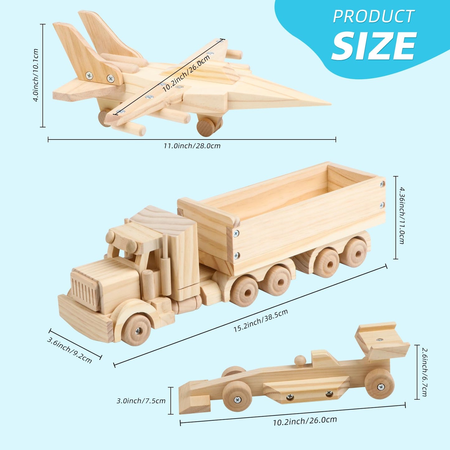 VOMOCNET 3 Pack DIY Wooden Model Building Kit, Includes Fighter Jet, Truck, Race Car, Paint Your Own Arts and Crafts, STEM Toys Birthday Gifts for Boys Girls