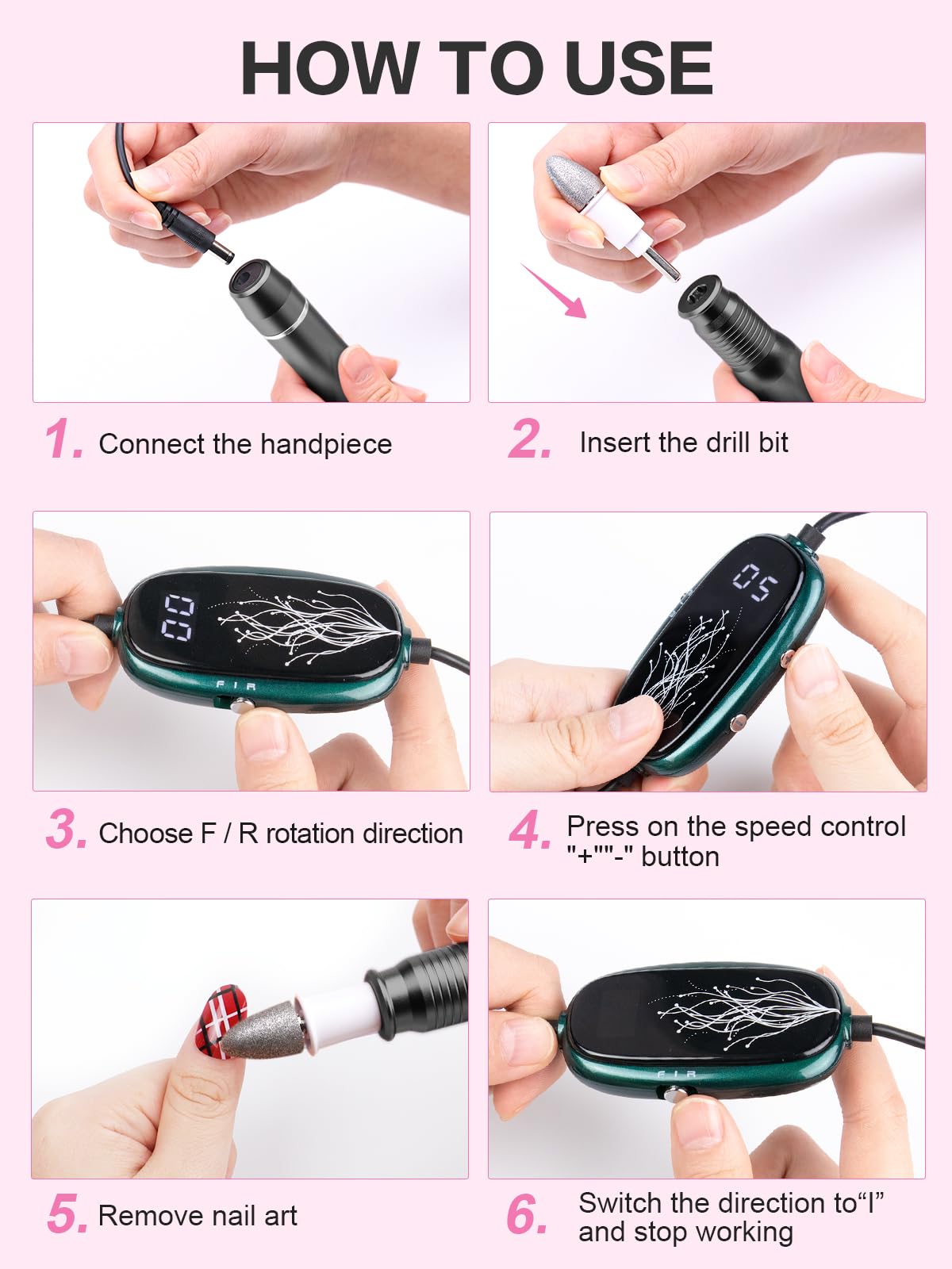 Subay Professional Manicure Pedicure Kit, Electric Nail Drill Set with LED Display, 25000RPM, 11-Piece Attachments Plus 20 Sanding Bands, Nail Grinder Tool for Women Men Baby Pets (4.Black)