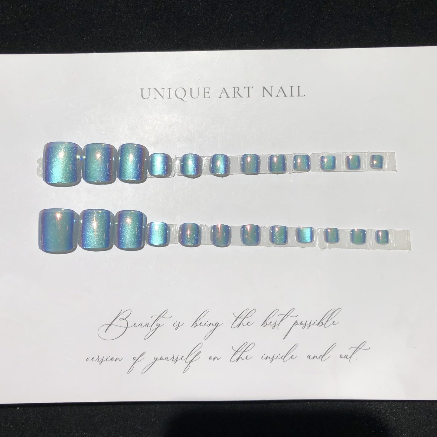 Blue Press on Toenails Cat Eye Fake Toe Nails Short Square Acrylic Toenails Glossy Chrome False Nails Shiny Glitter Artificial Toe Nails for Women Girls Manicure 24Pcs