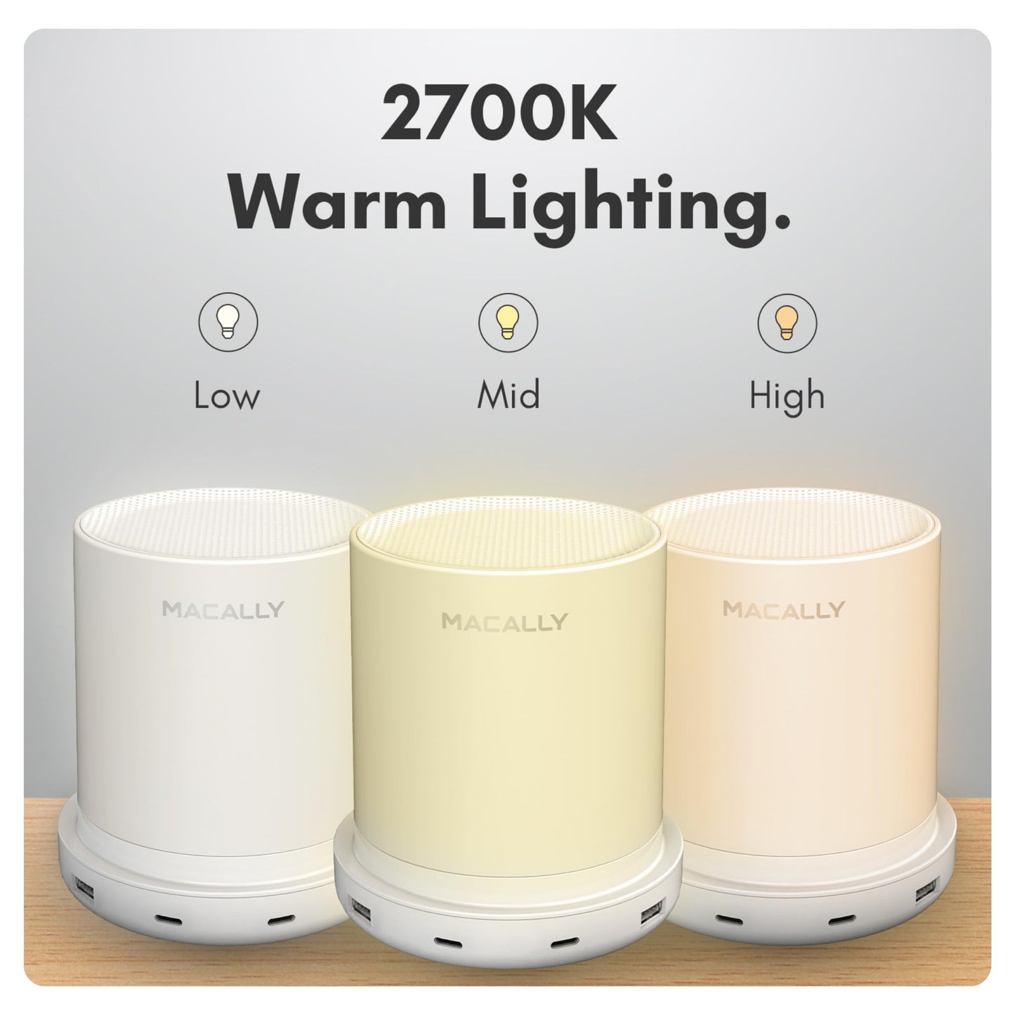 Macally Small Bedside Lamp with USB Ports (USB C + A) - Fast Charging Bedside Light and 3 Way Dimmable Touch Lamp for Nightstands - Great as a Night Light and Charger for Bedrooms