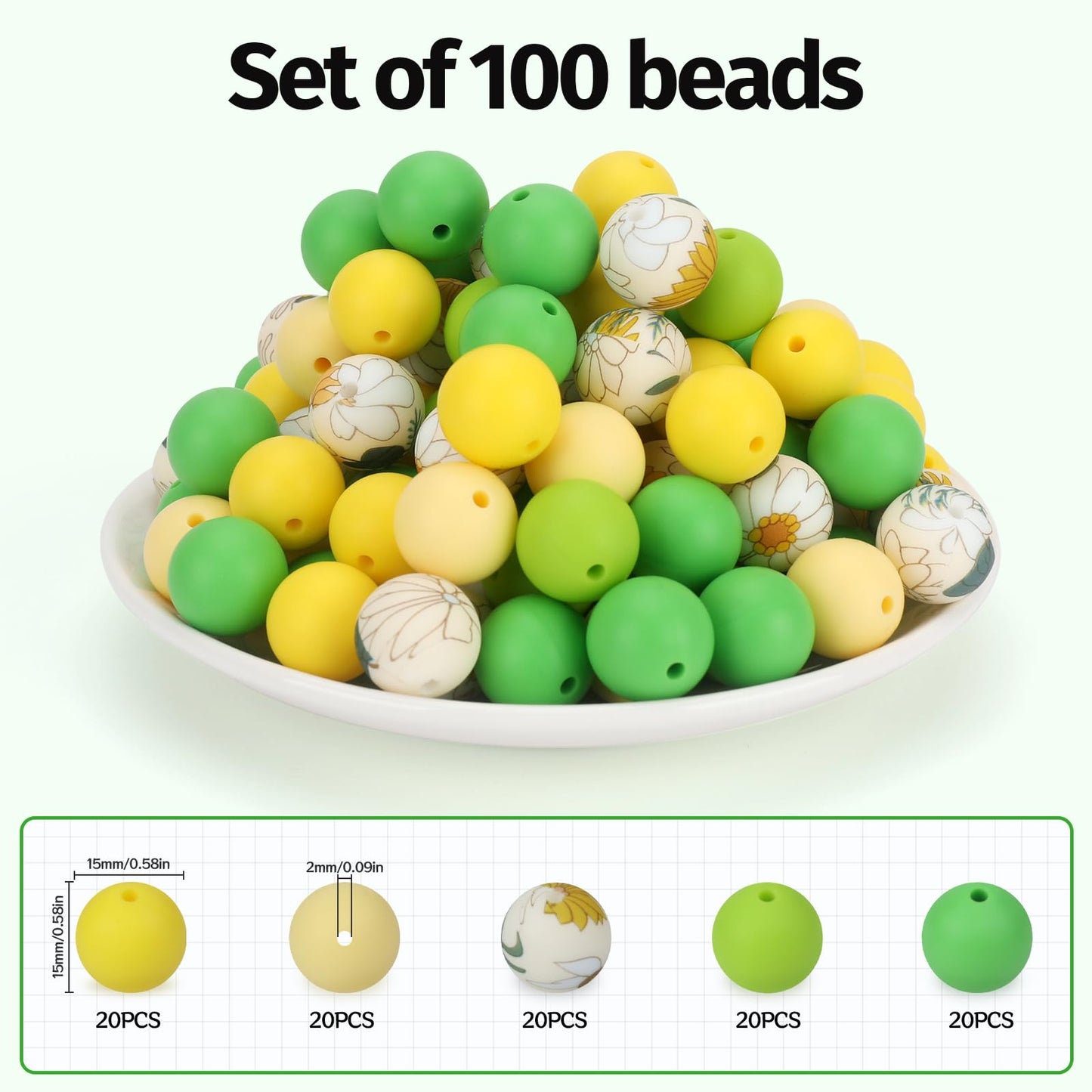 SALUOKE 100 Pcs 15mm Silicone Beads for Keychain Making, Pink Gream Silicone Beads Bulk Round for Bracelets Pens Crafts Jewelry Making (Green Yellow)